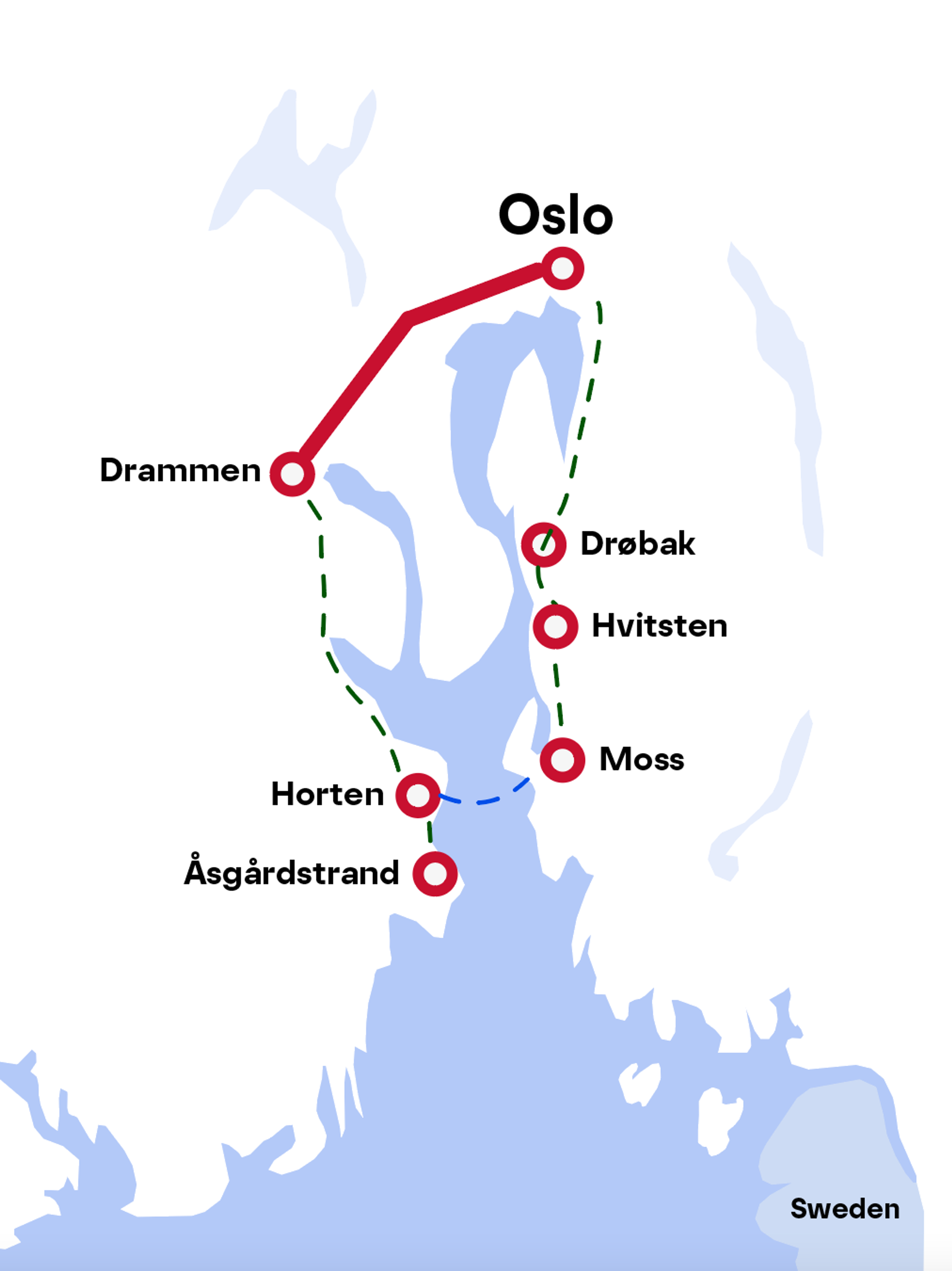 Map of biking route around the Oslofjord