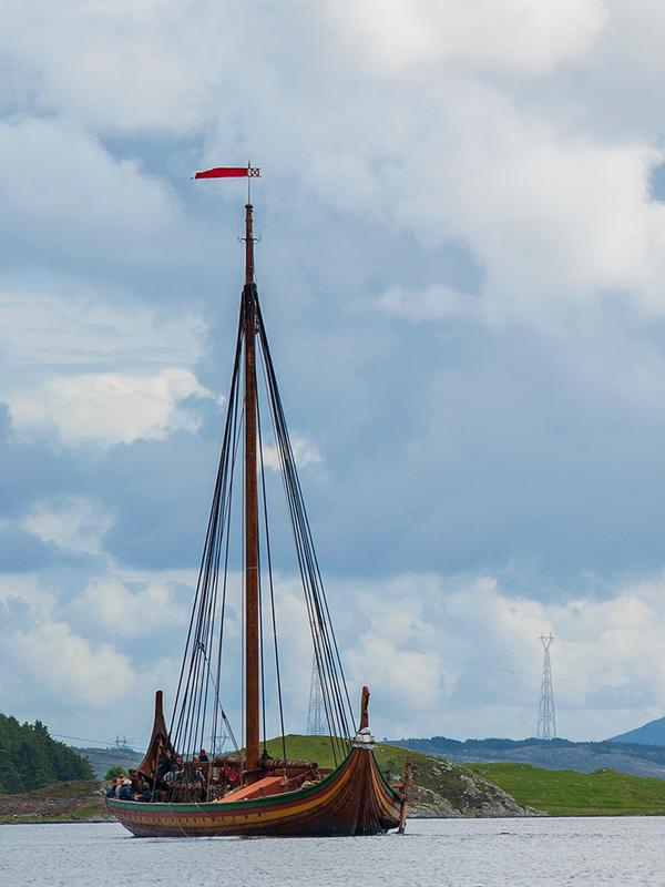 The Draken Viking ship outside Avaldsnes at Karmøy island, Haugesund and Haugalandet in Fjord Norway