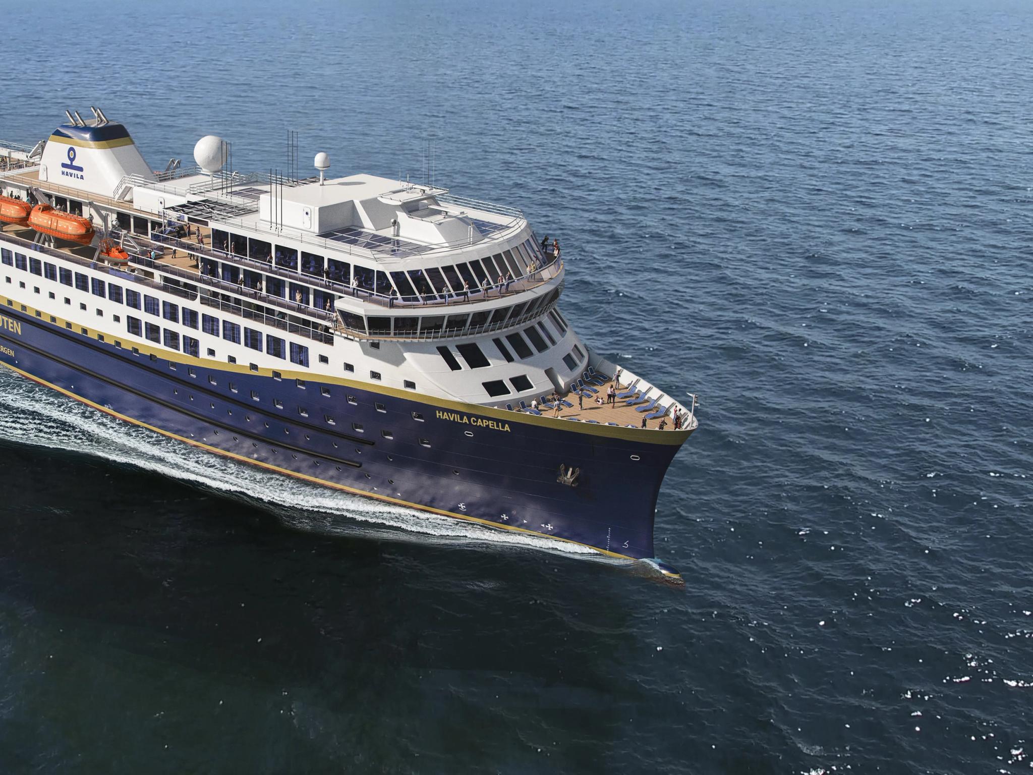 A Havila Voyage ferry sailing along the norwegian coast