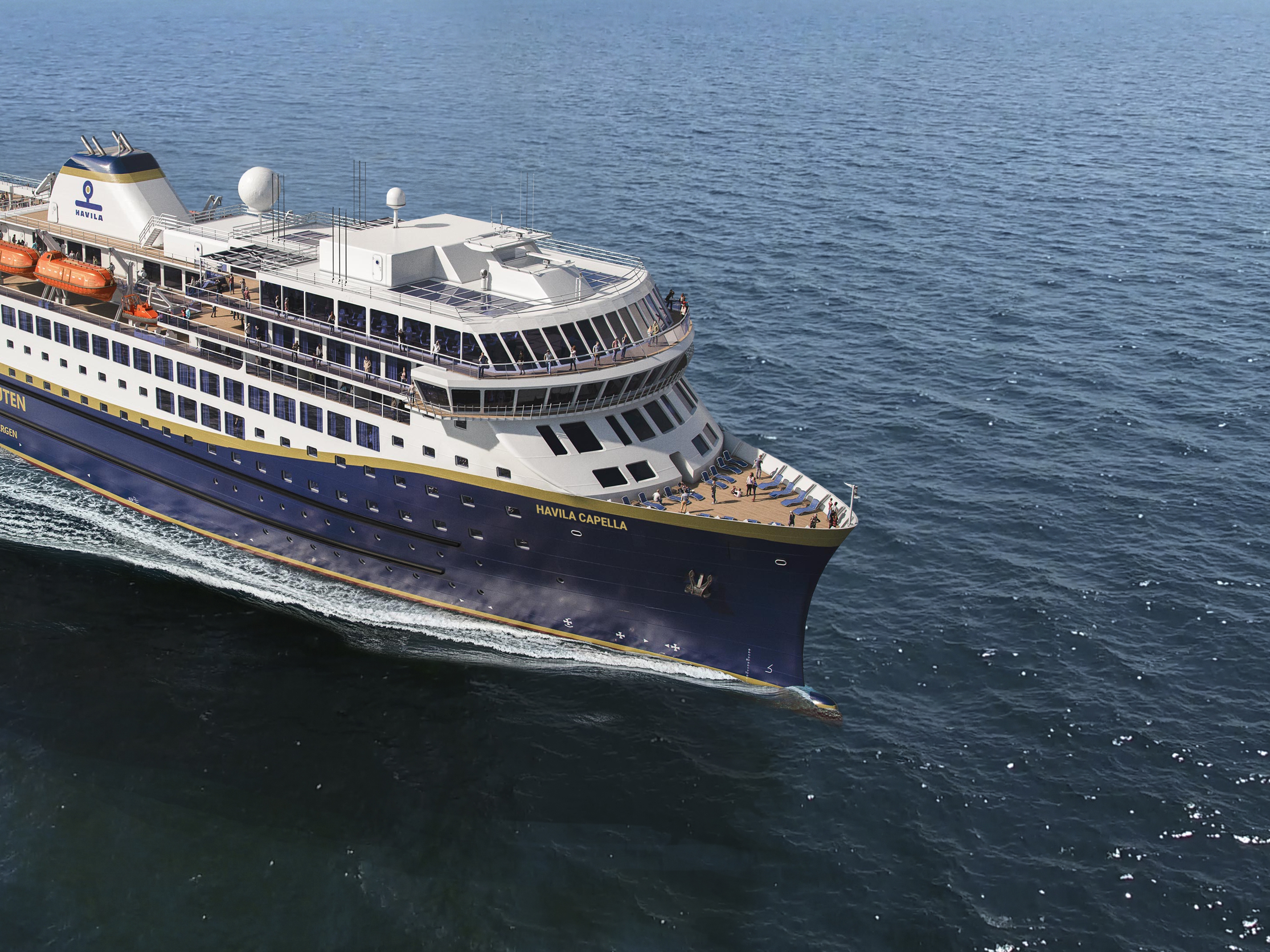 A Havila Voyage ferry sailing along the norwegian coast