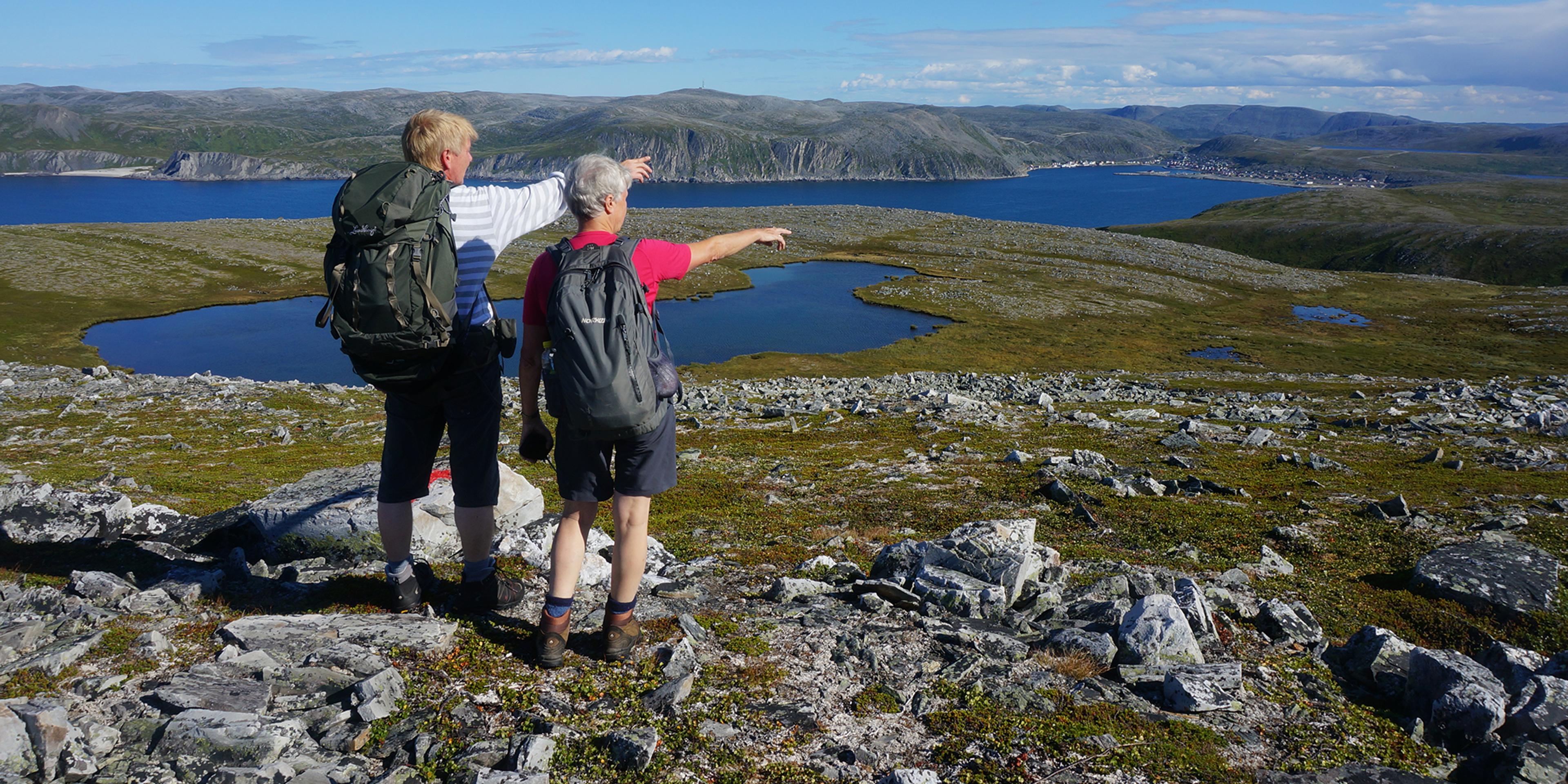 Two people hiking in Nordkyn, Northern Norway