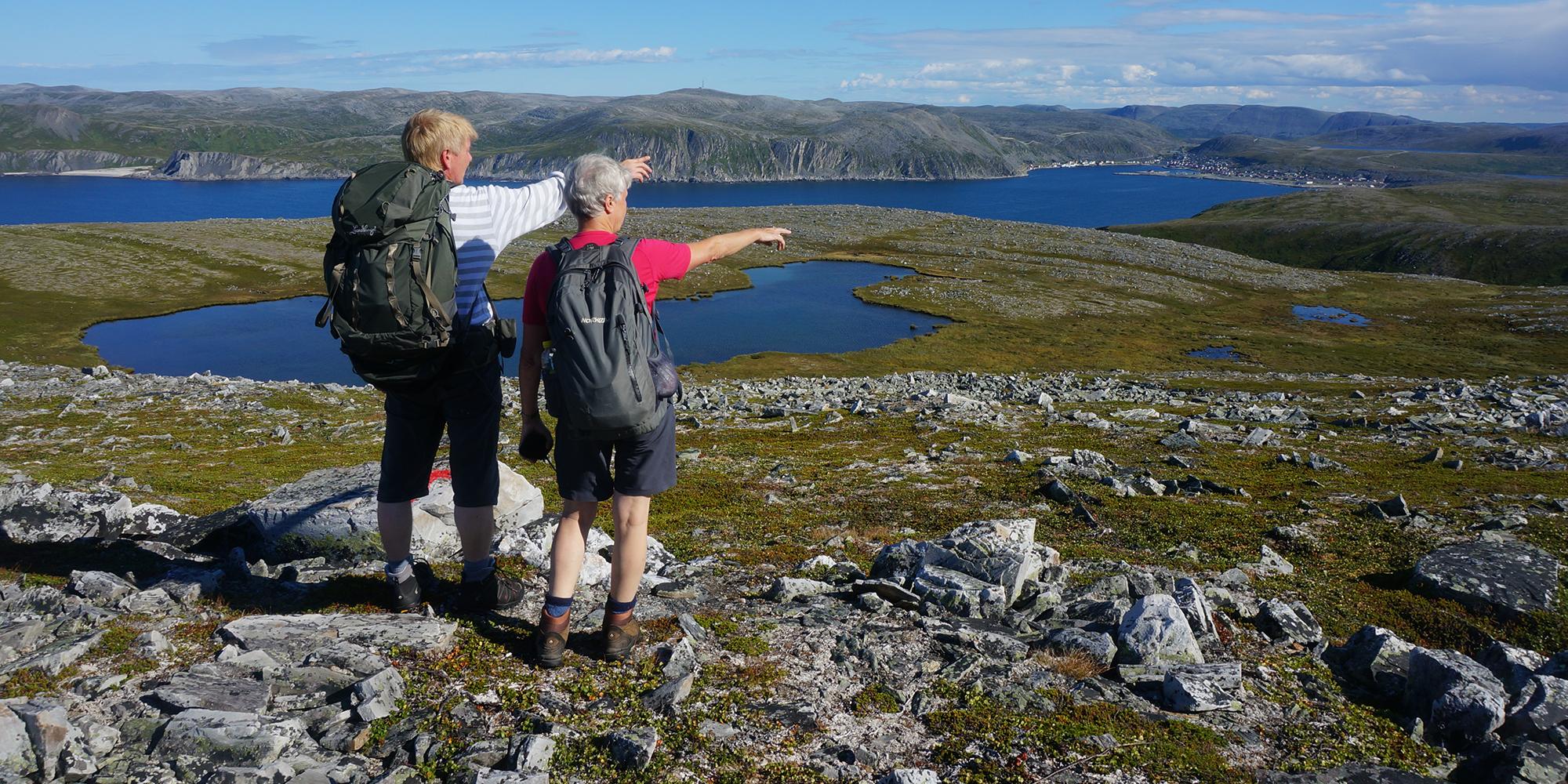 Two people hiking in Nordkyn, Northern Norway