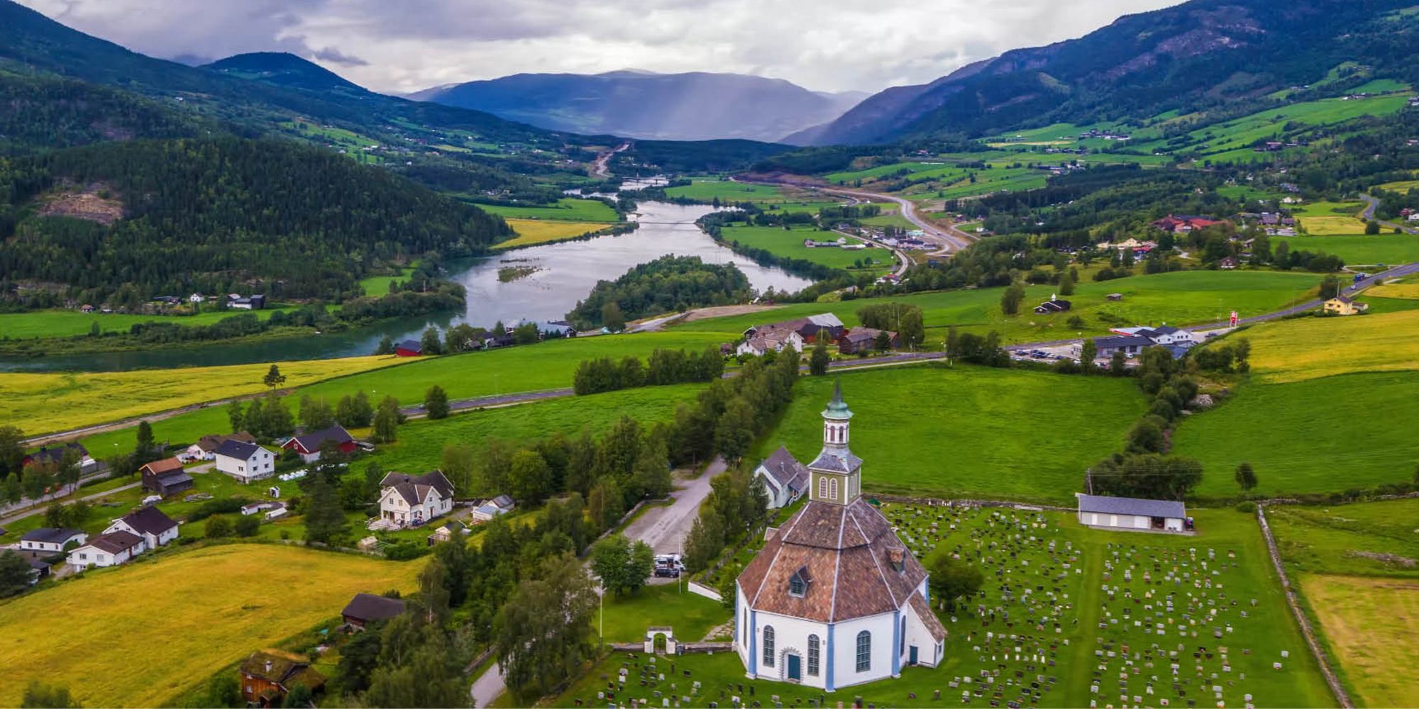 Aerial of Sør-Fron Church in the Gudbrandsdalen valley of Eastern Norway