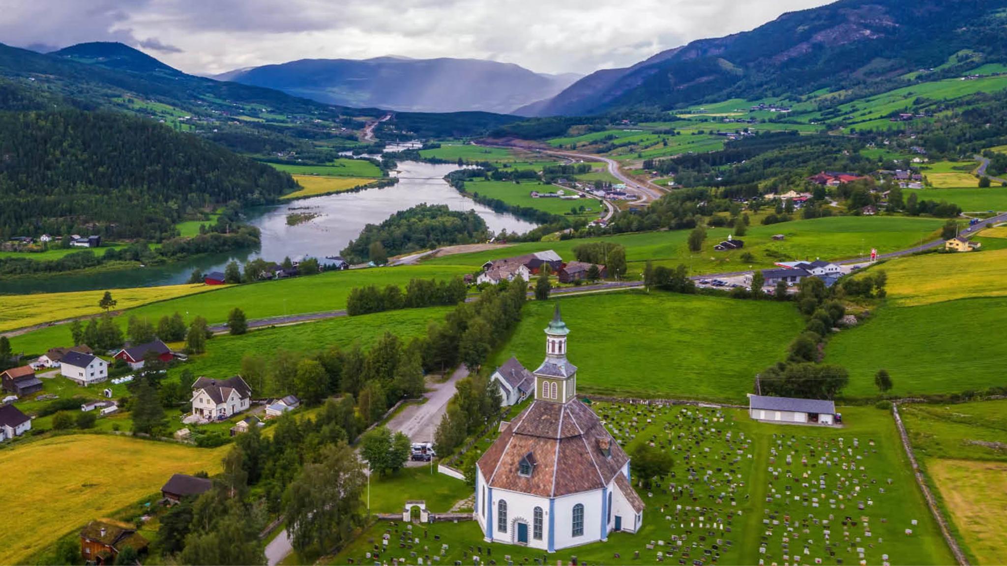 Aerial of Sør-Fron Church in the Gudbrandsdalen valley of Eastern Norway