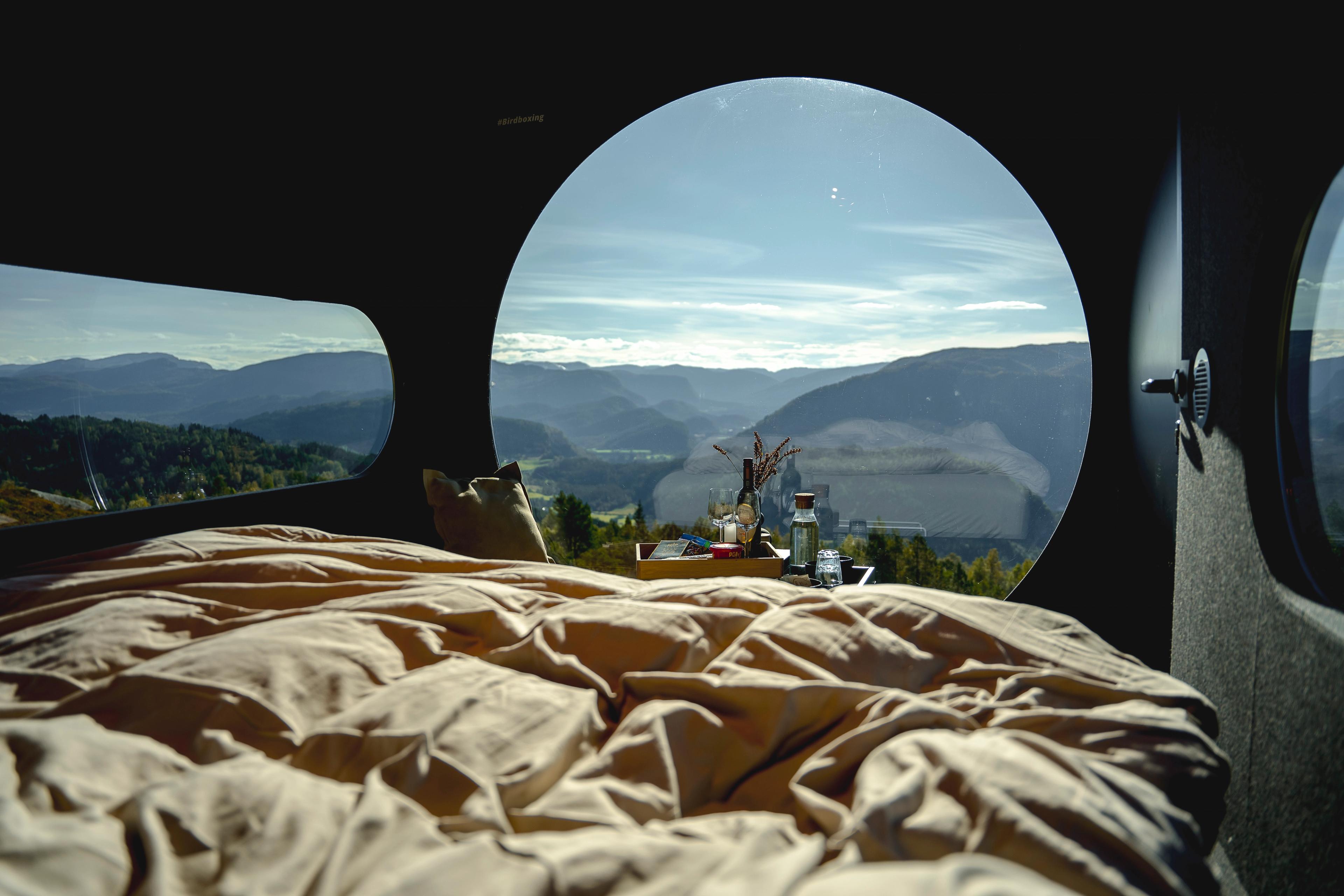 View from the bed inside Birdbox Langeland