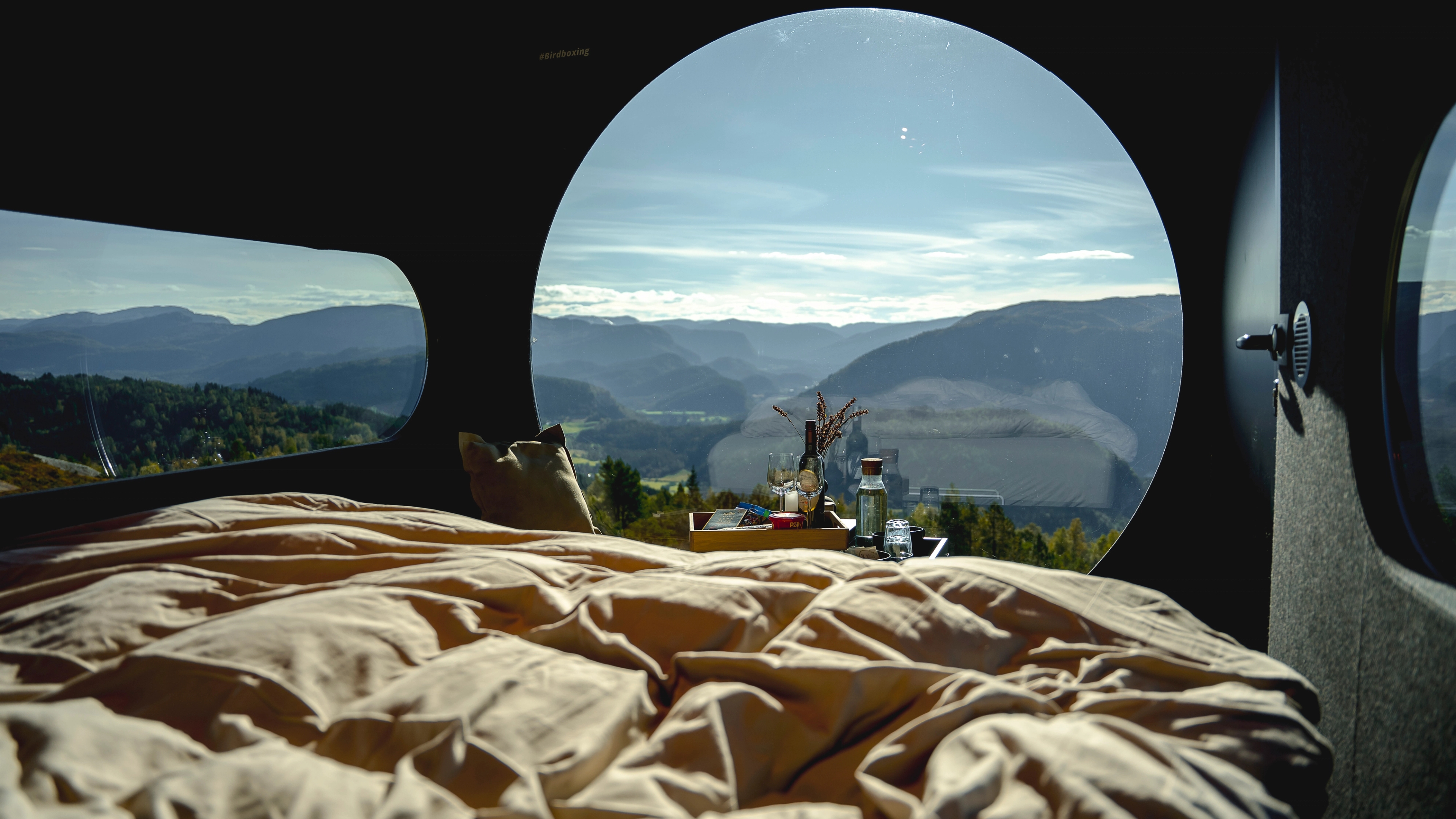 View from the bed inside Birdbox Langeland