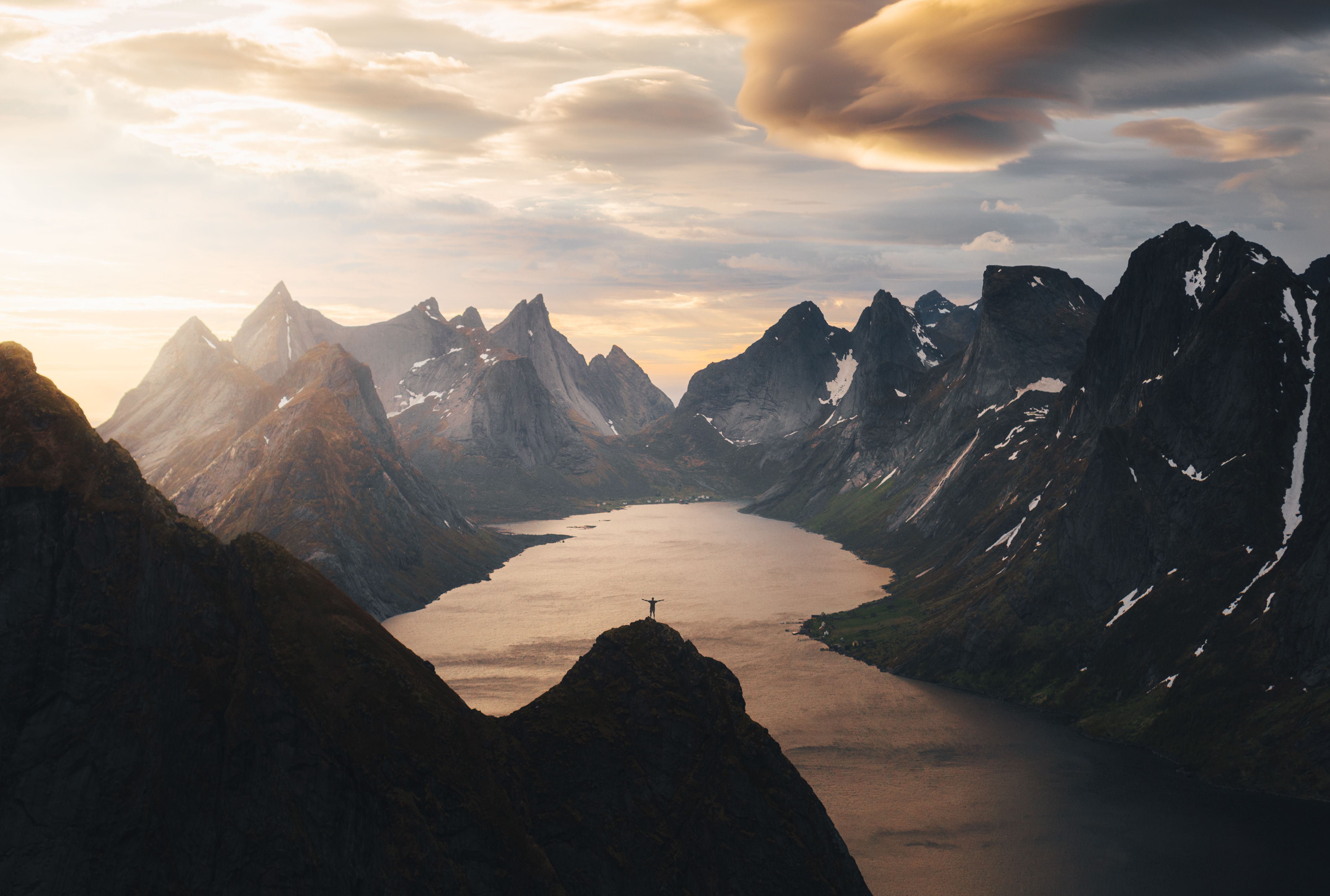 Mountain hike under the midnight sun in Lofoten