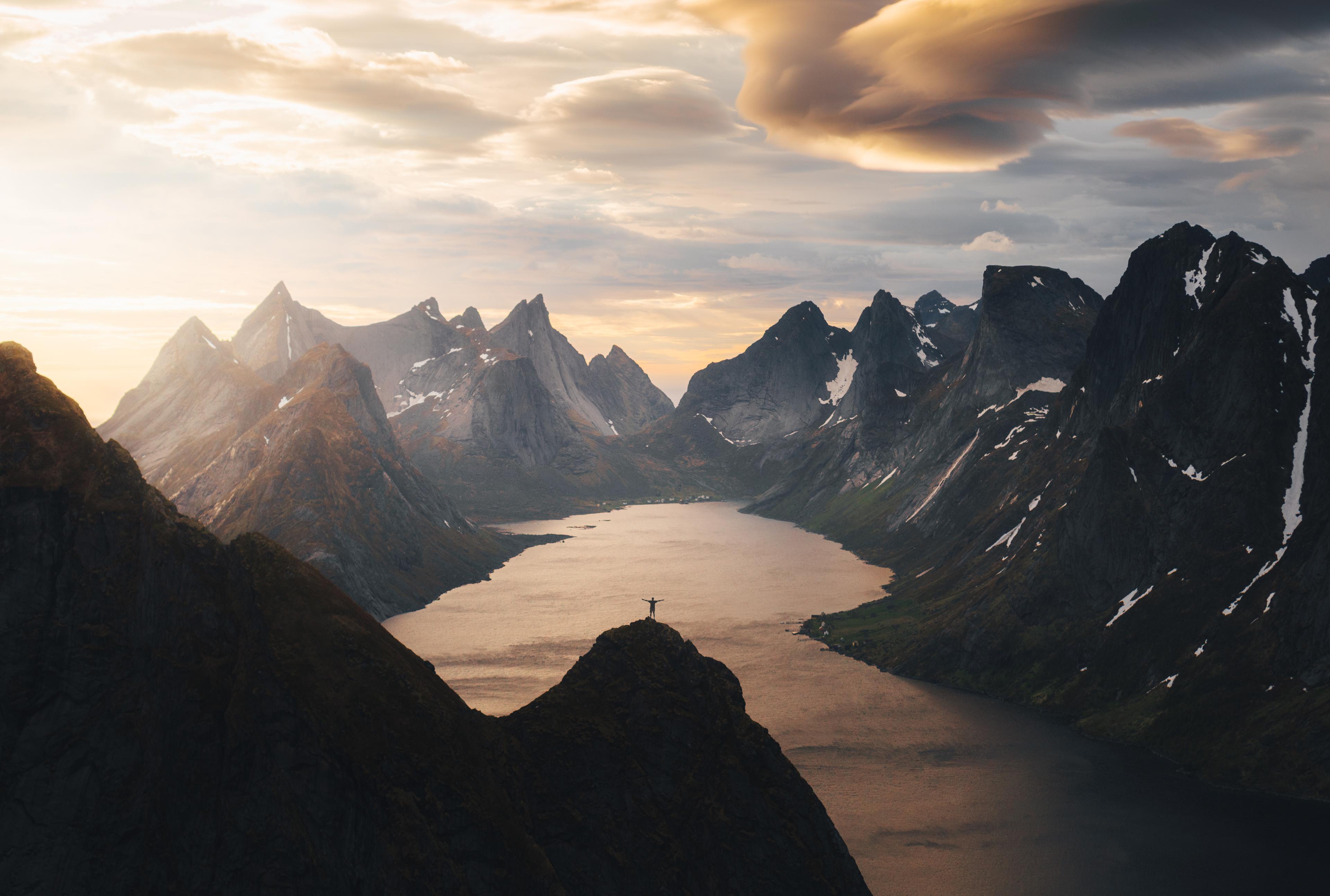 Mountain hike under the midnight sun in Lofoten