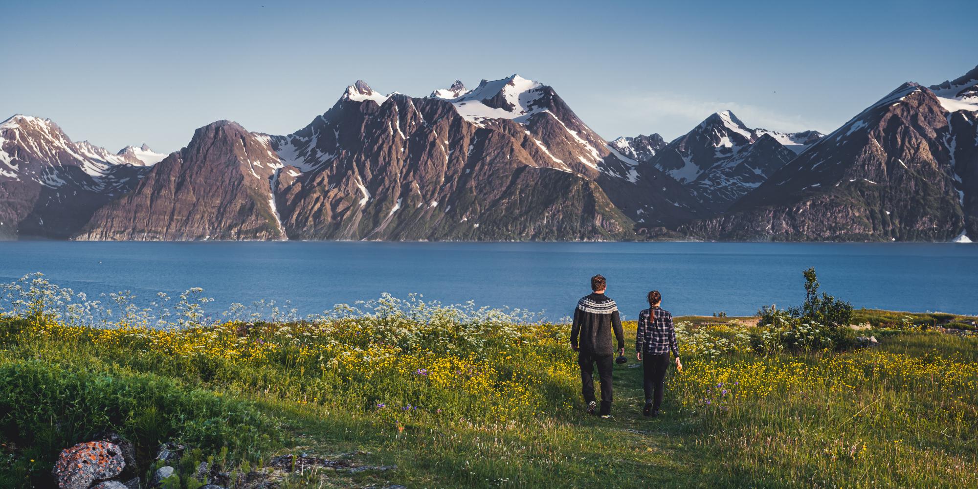 To personer går hånd i hånd i Lyngenfjord, Nord-Norge