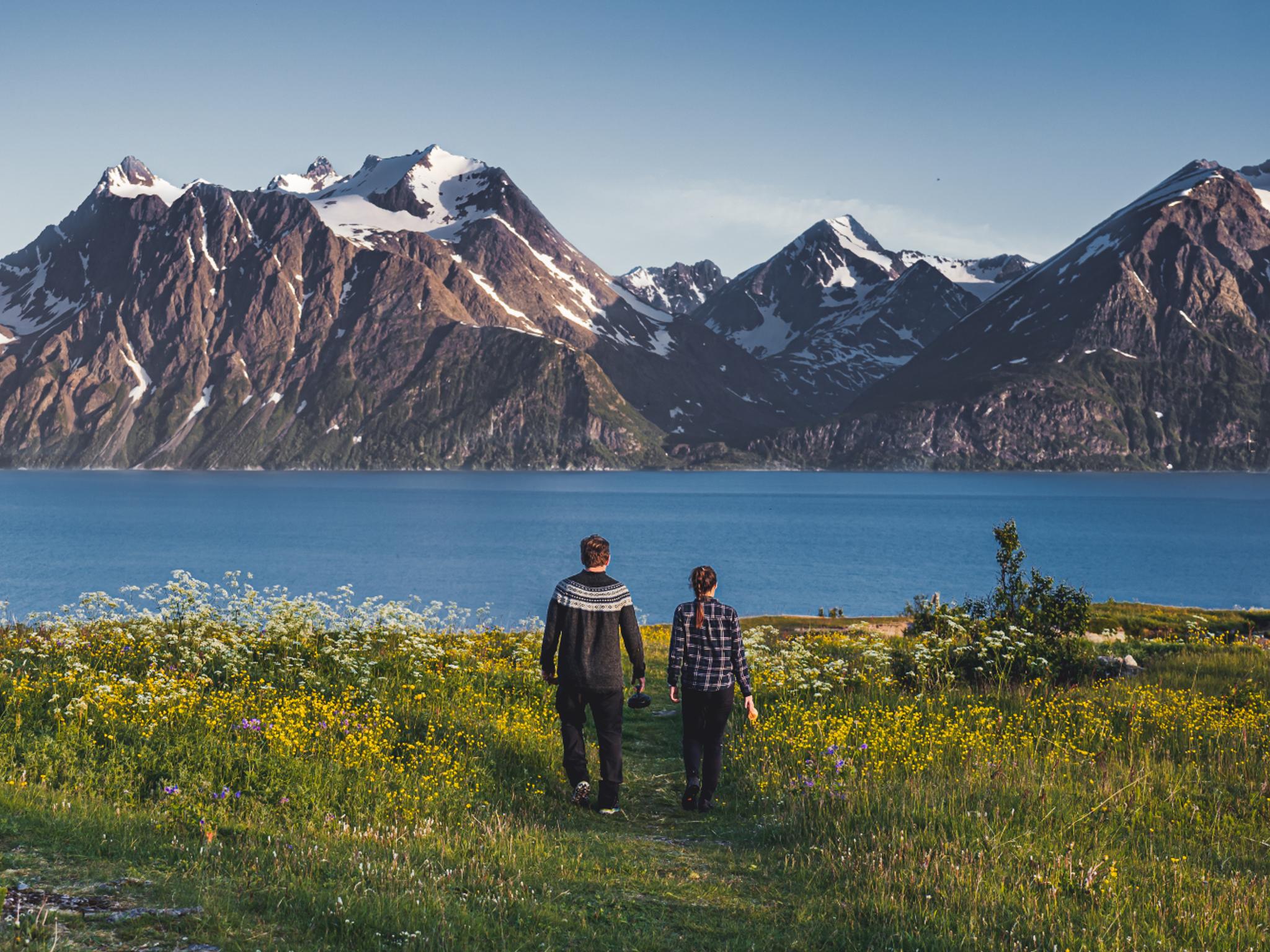 Two people walking hand in hand in the scenic mountain landscape of Lyngenfjord, Northern Norway