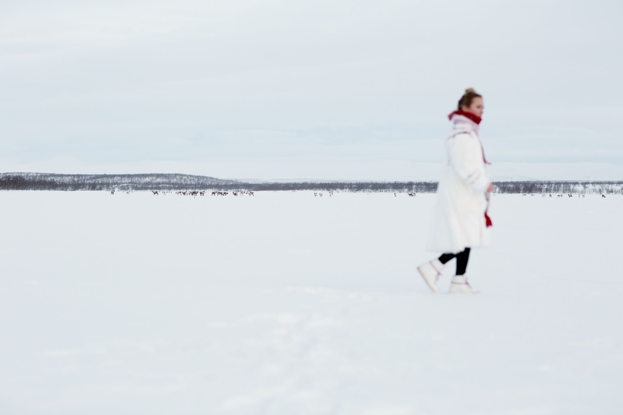 Elle Márjá Eira out of focus, walking in the snow in Northern Norway