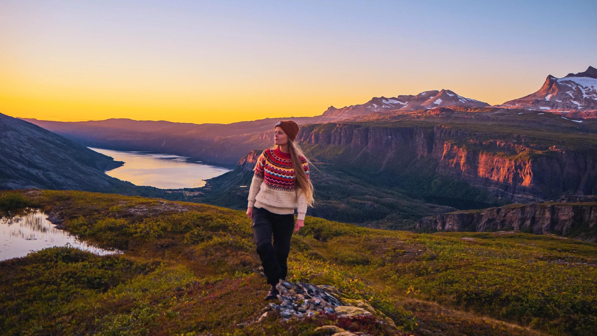 Girl hiking in the Melfjellet mountain in Helgeland