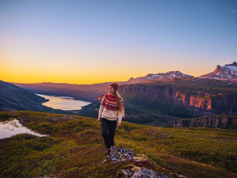 Girl hiking in the Melfjellet mountain in Helgeland