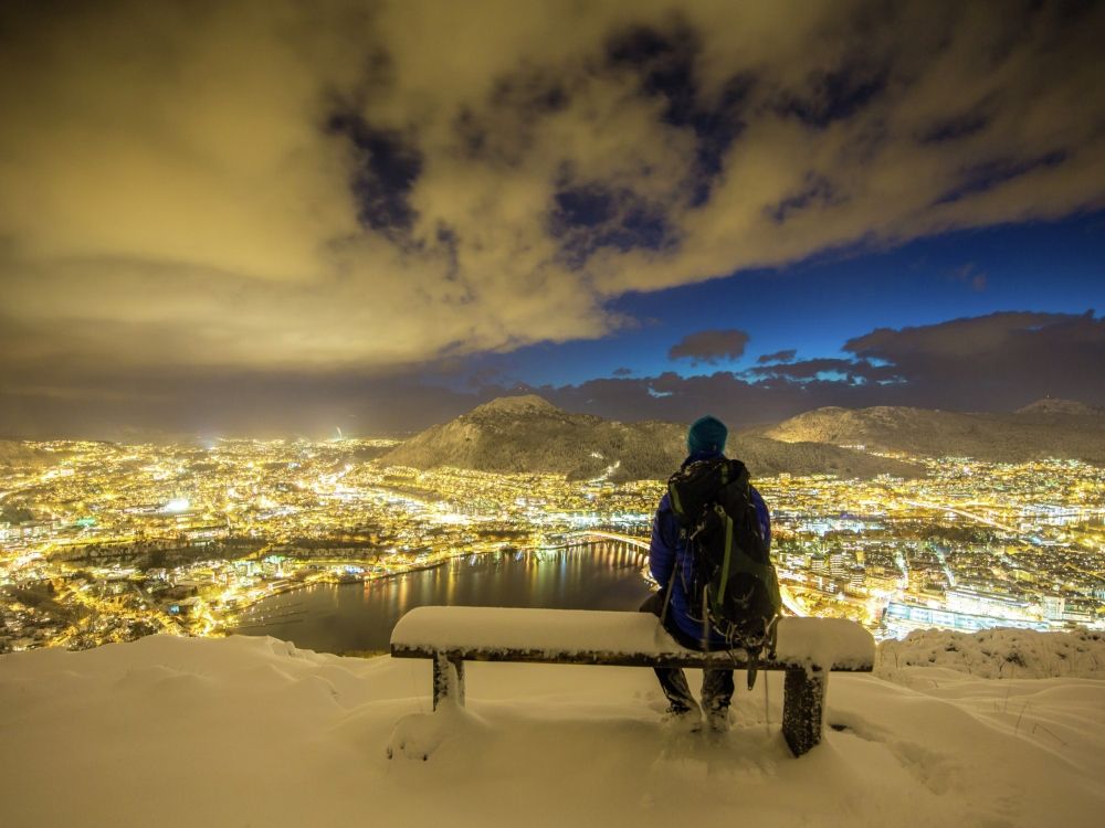 View from Mount Fløyen over snow covered Bergen