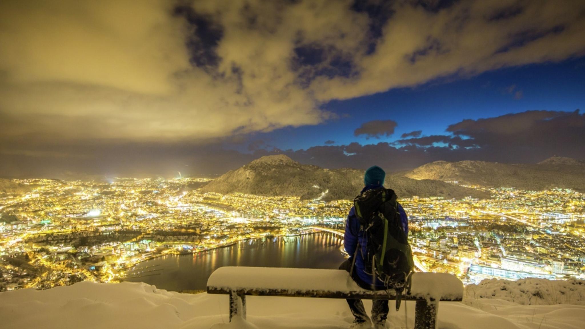 View from Mount Fløyen over snow covered Bergen
