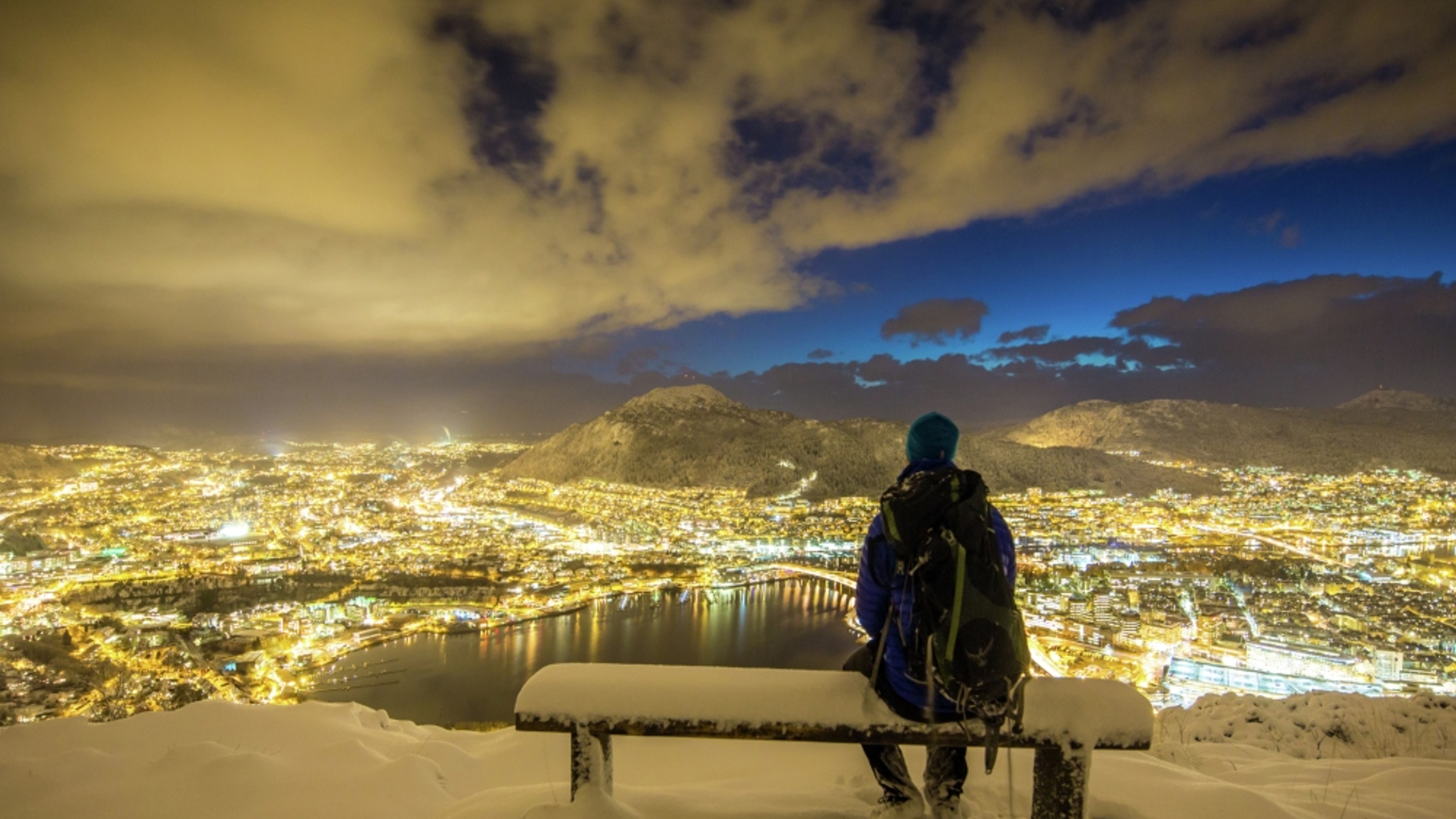 View from Mount Fløyen over snow covered Bergen