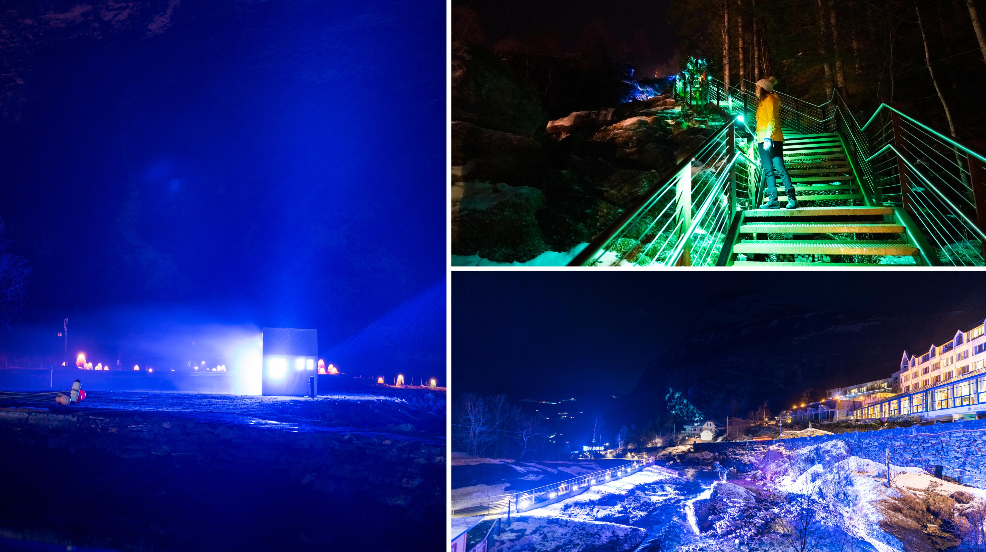 Three images showing the light art festival in Geiranger
