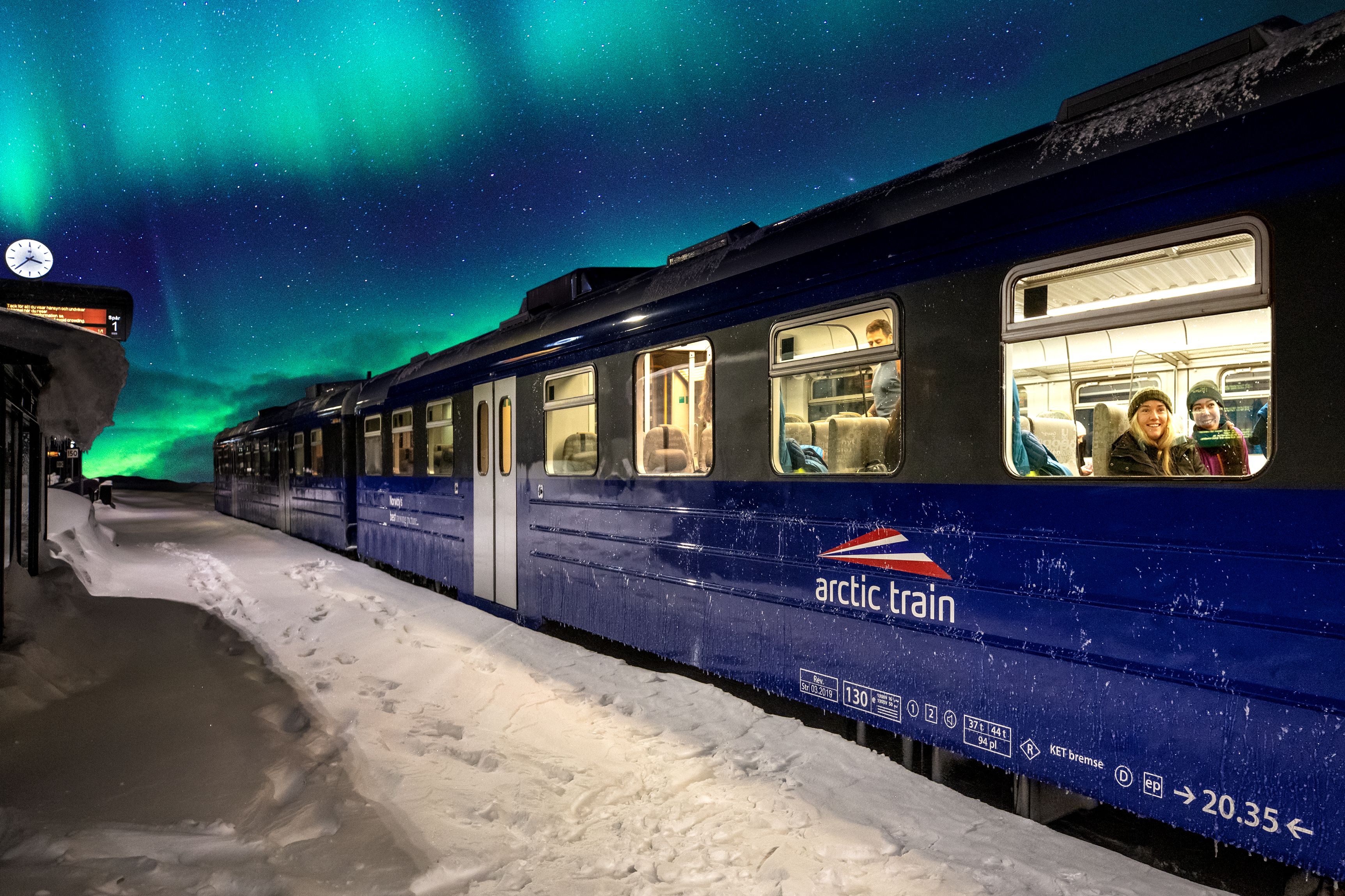Artic Express train hunting northern lights in Narvik, Northern Norway
