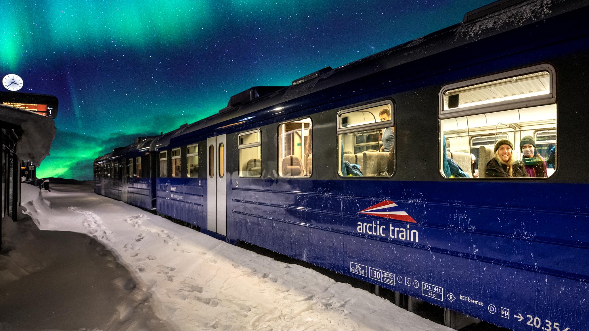 Artic Express train hunting northern lights in Narvik, Northern Norway
