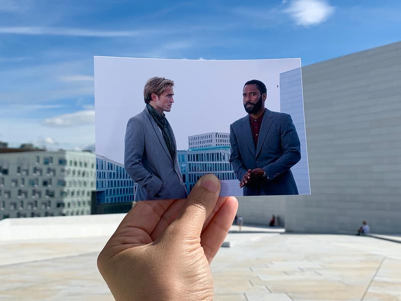 A printed-out film still of the movie Tenet aligned with the real-life location on the roof of the Norwegian Opera House in Oslo, Eastern Norway