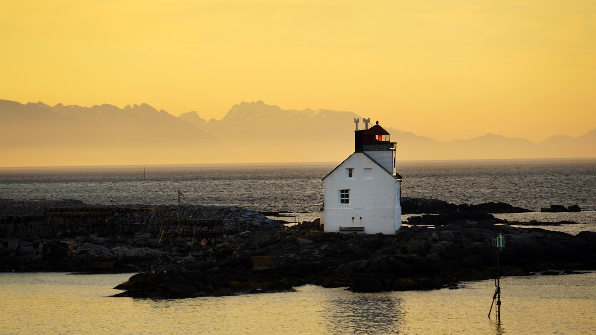 Lighthouse Værøy in Lofoten, Northern Norway.