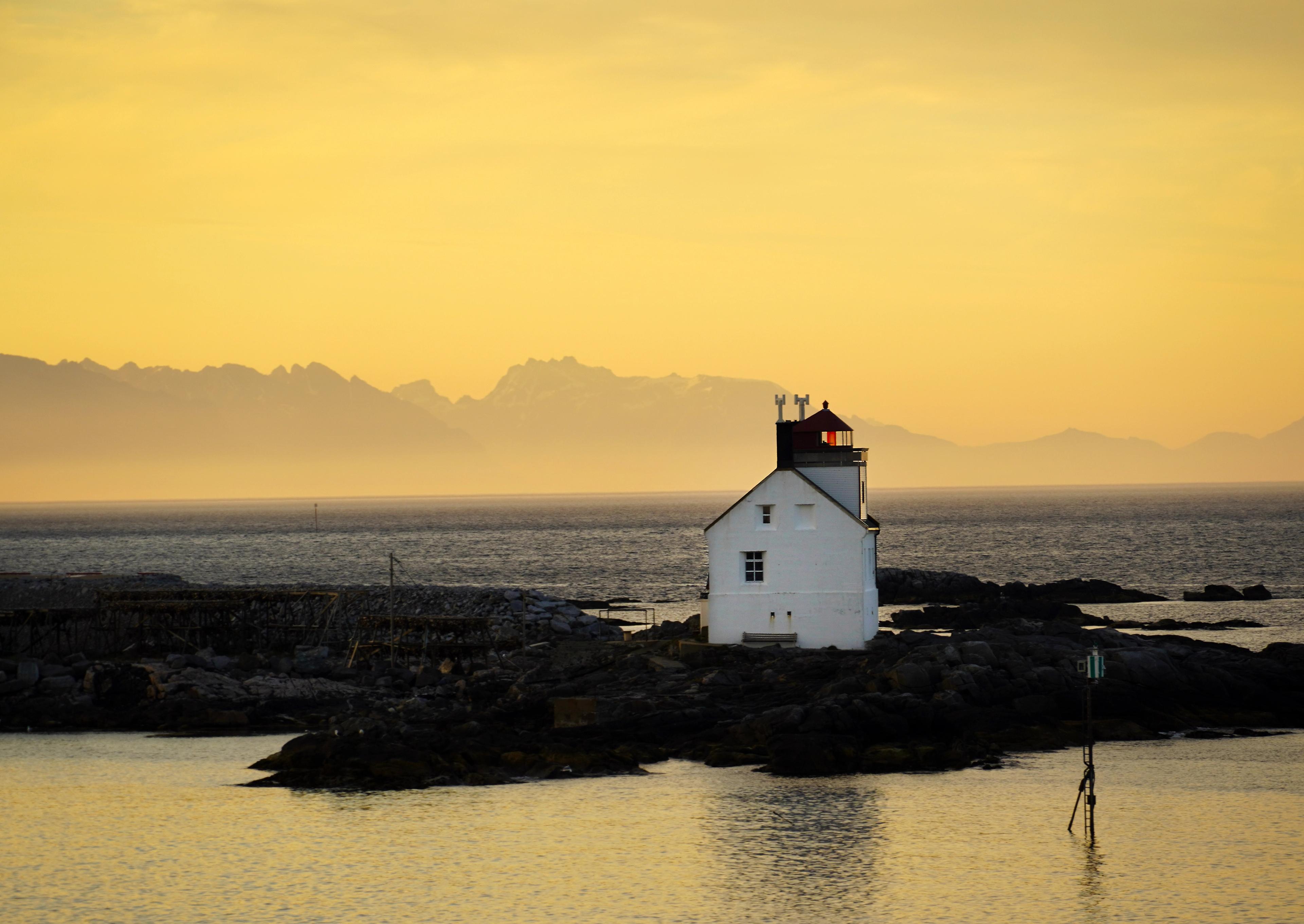 Lighthouse Værøy in Lofoten, Northern Norway.