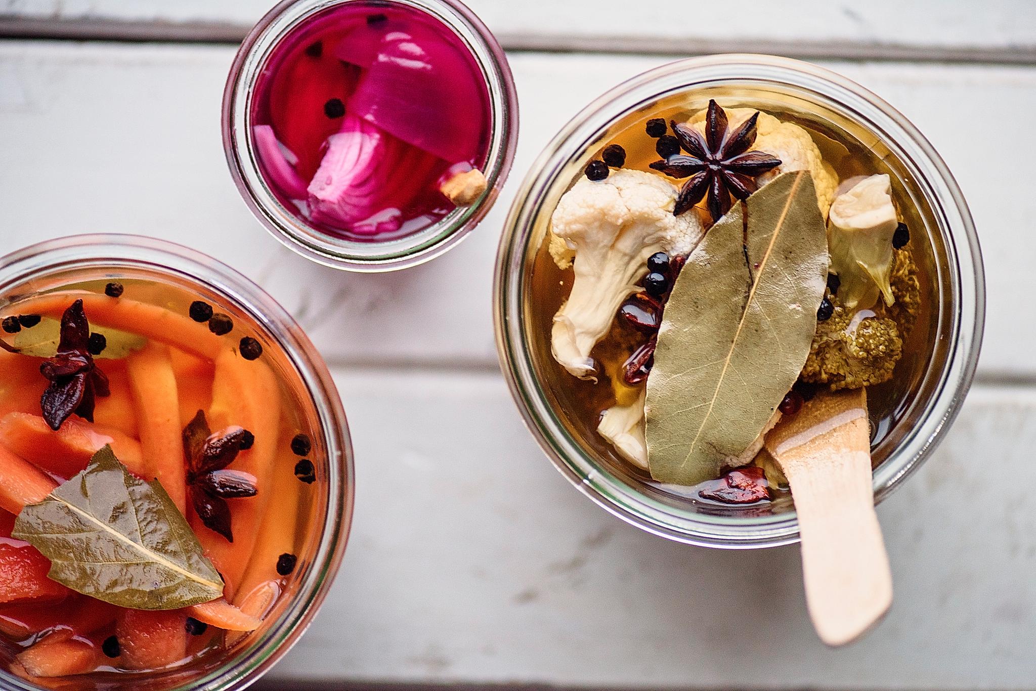 Colourful pickled vegetables in jars on Hurtigruten