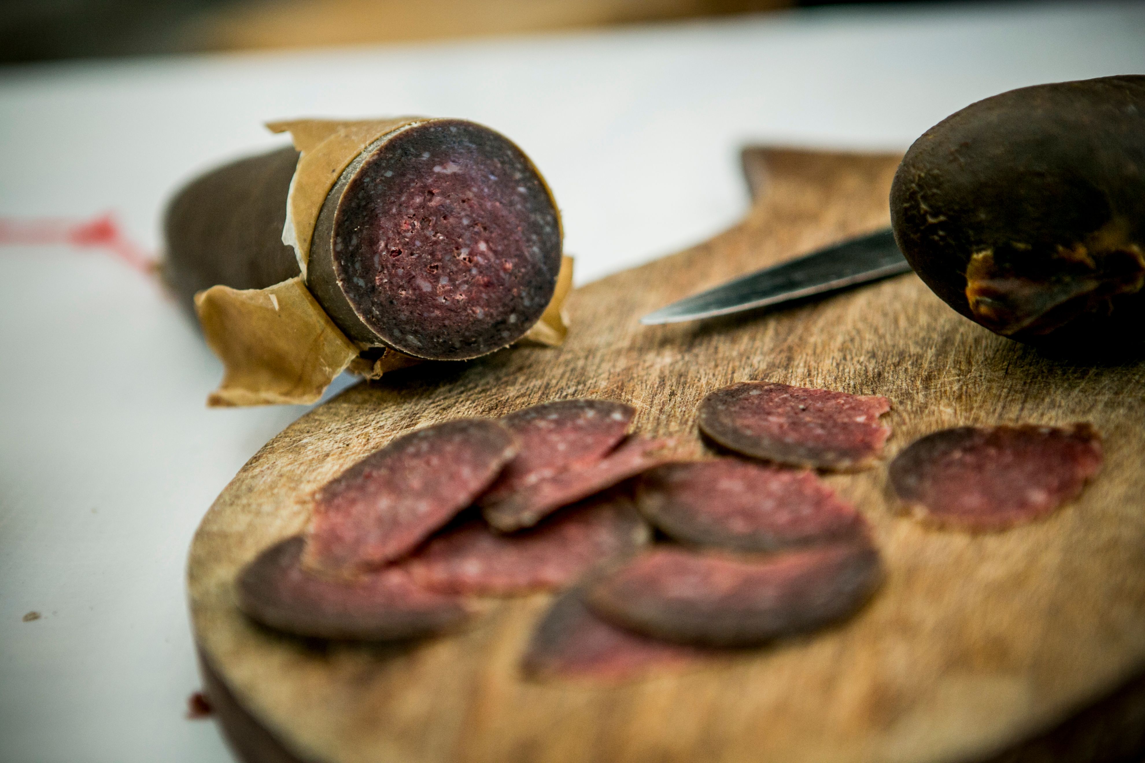 Local sausage from Valdres on a plank.