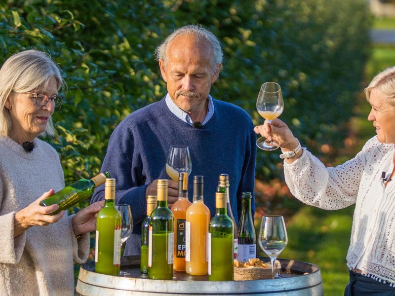 Three people tasting apple juice made of Aroma apples in the Fruit Village