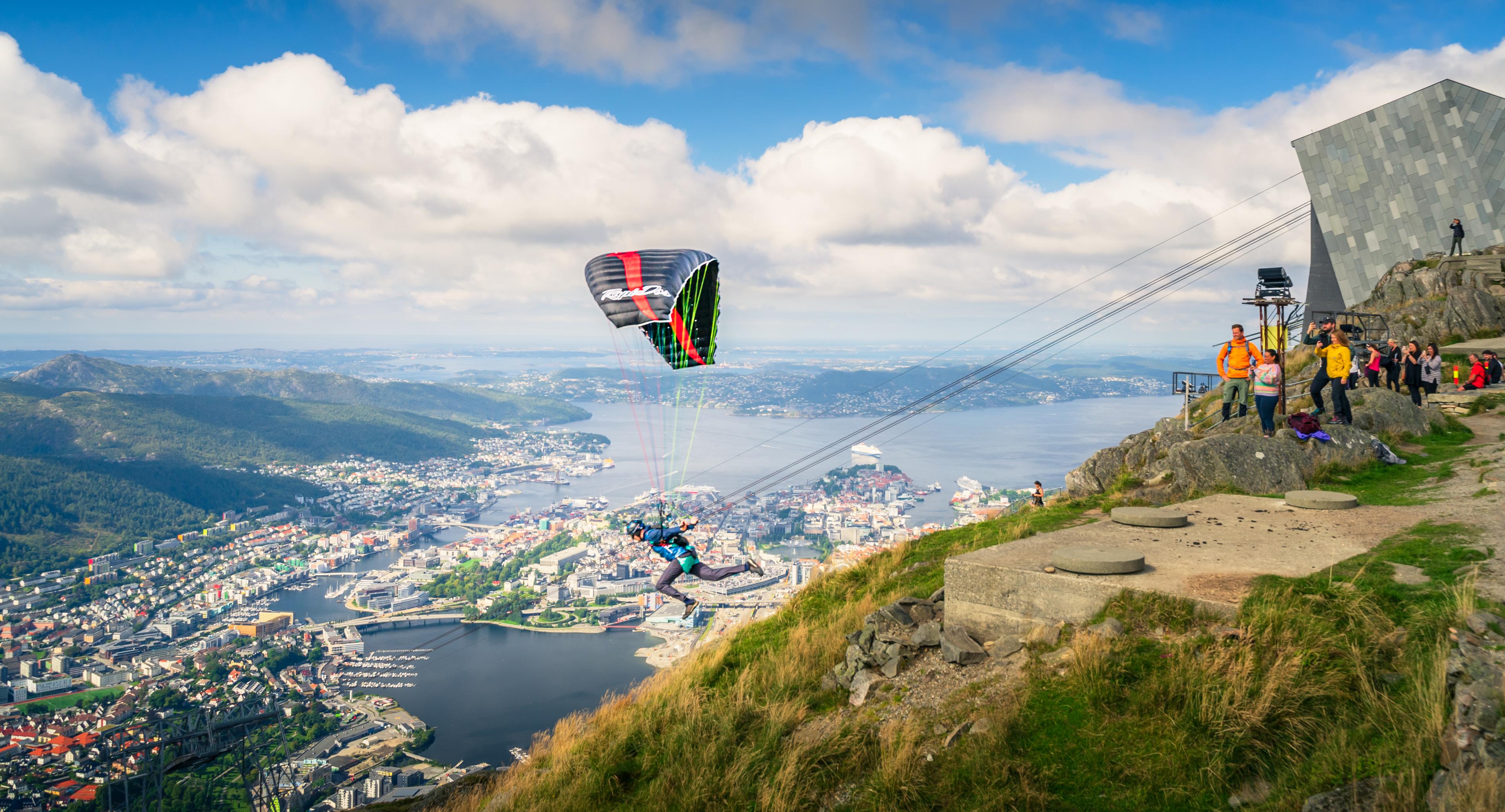 Paragliding from Mount Ulriken in Bergen, Fjord Norway