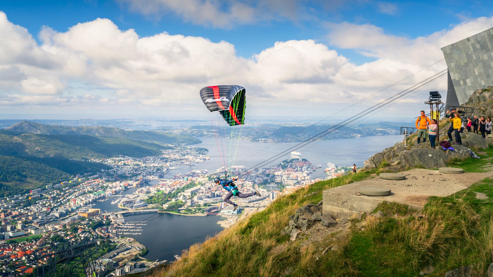 Paragliding from Mount Ulriken in Bergen, Fjord Norway