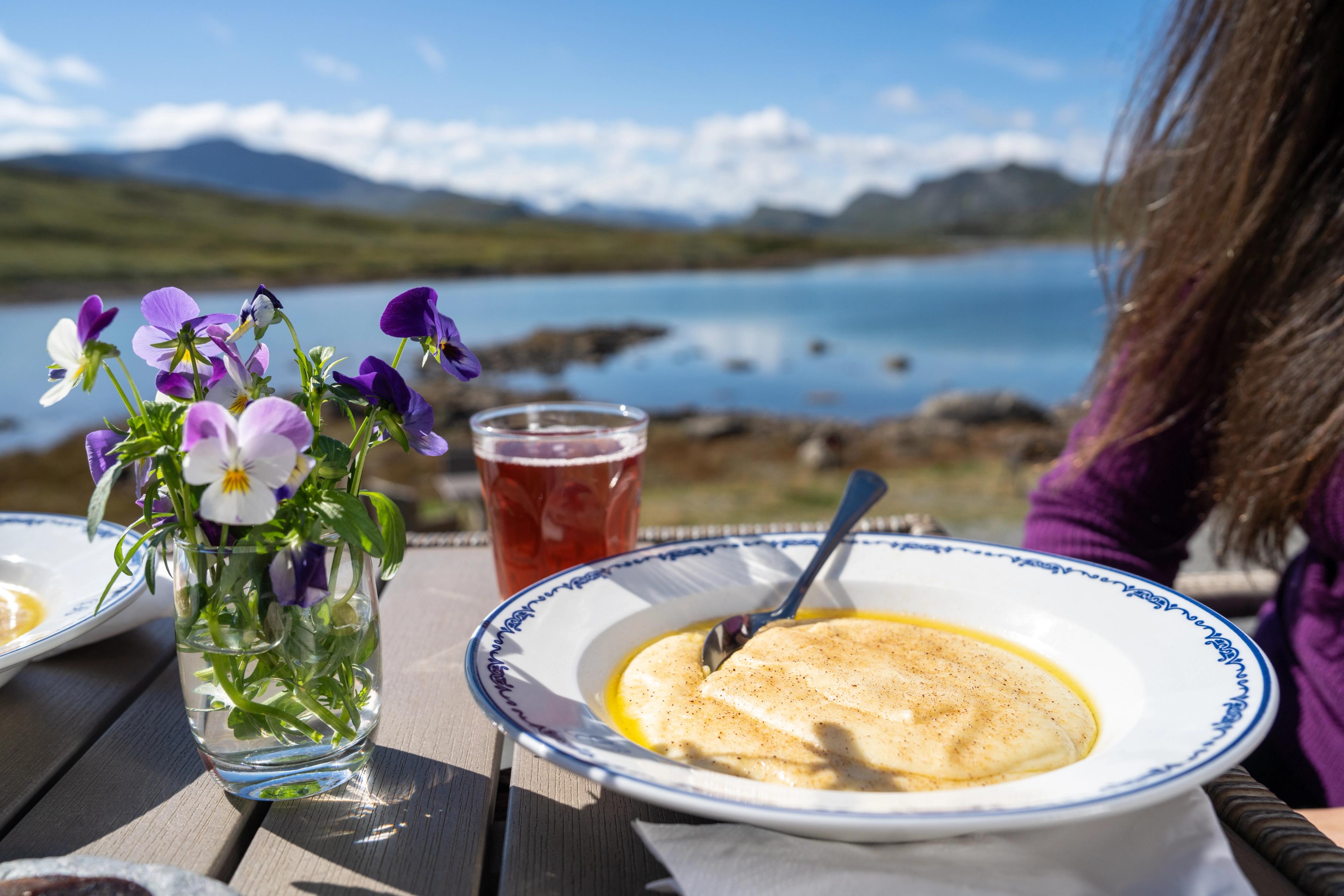 Sour cream porridge outside of Bygdin Høifieldshotel, along the Scenic Route Valdresflye.