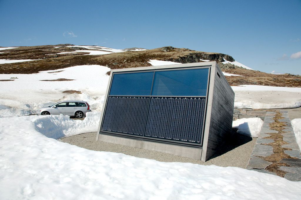 Solar powered restroom in snowy mountains