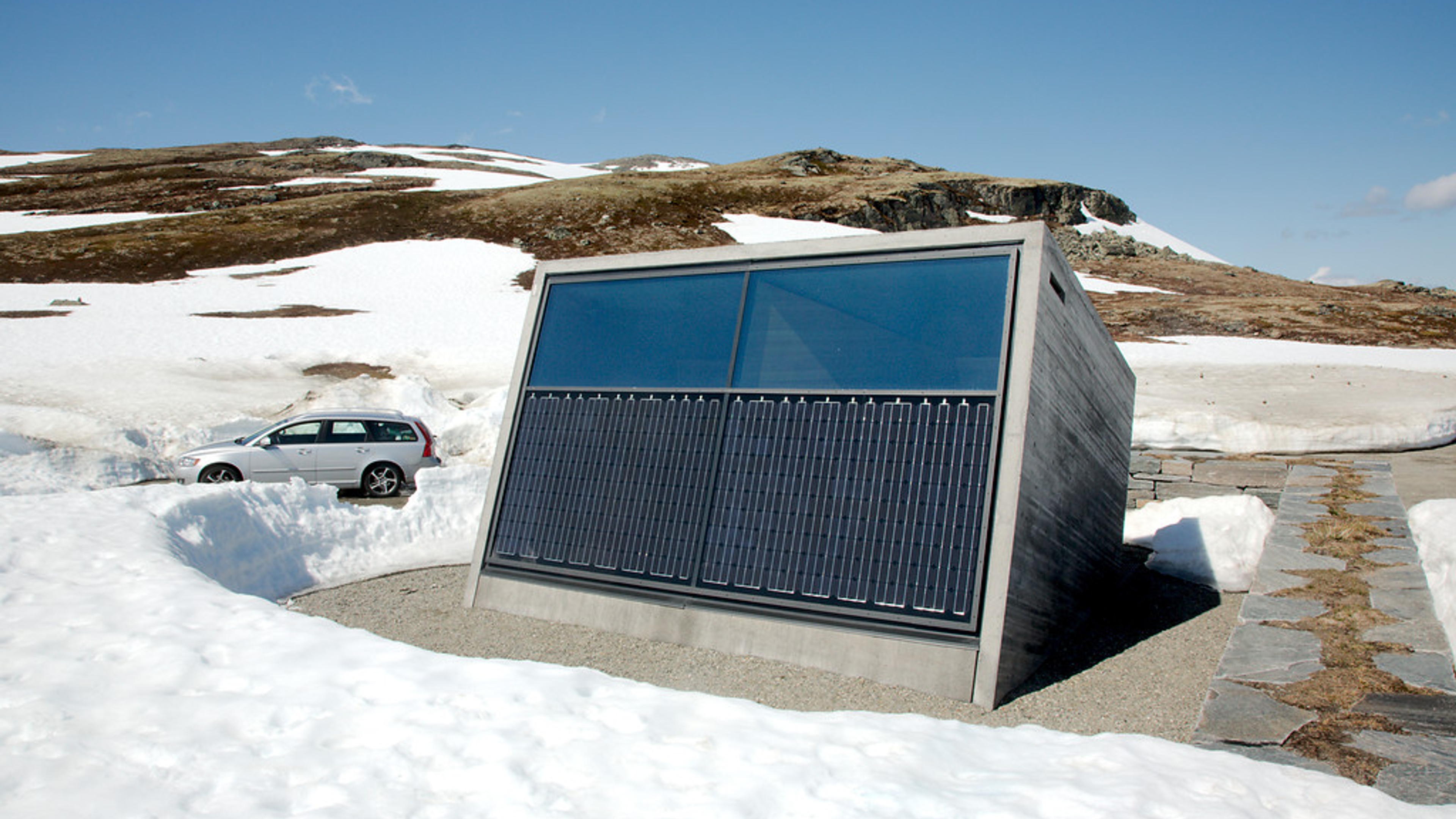 Solar powered restroom in snowy mountains
