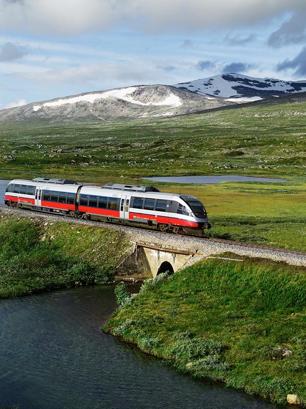 A train passing by a lake in Saltfjellet mountain area in Nordland