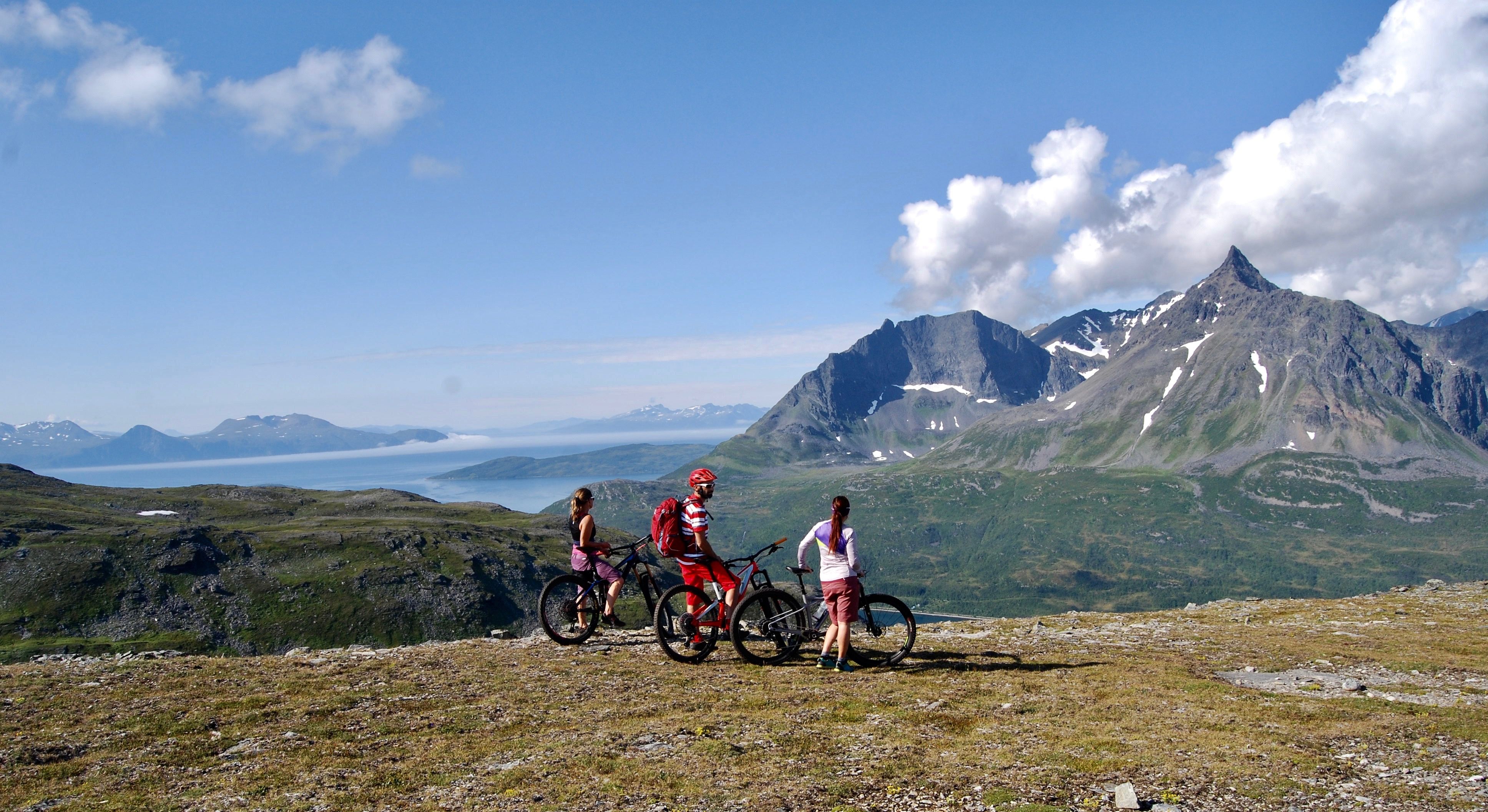Three people mountain biking in the Lyngenfjord region, Northern Norway