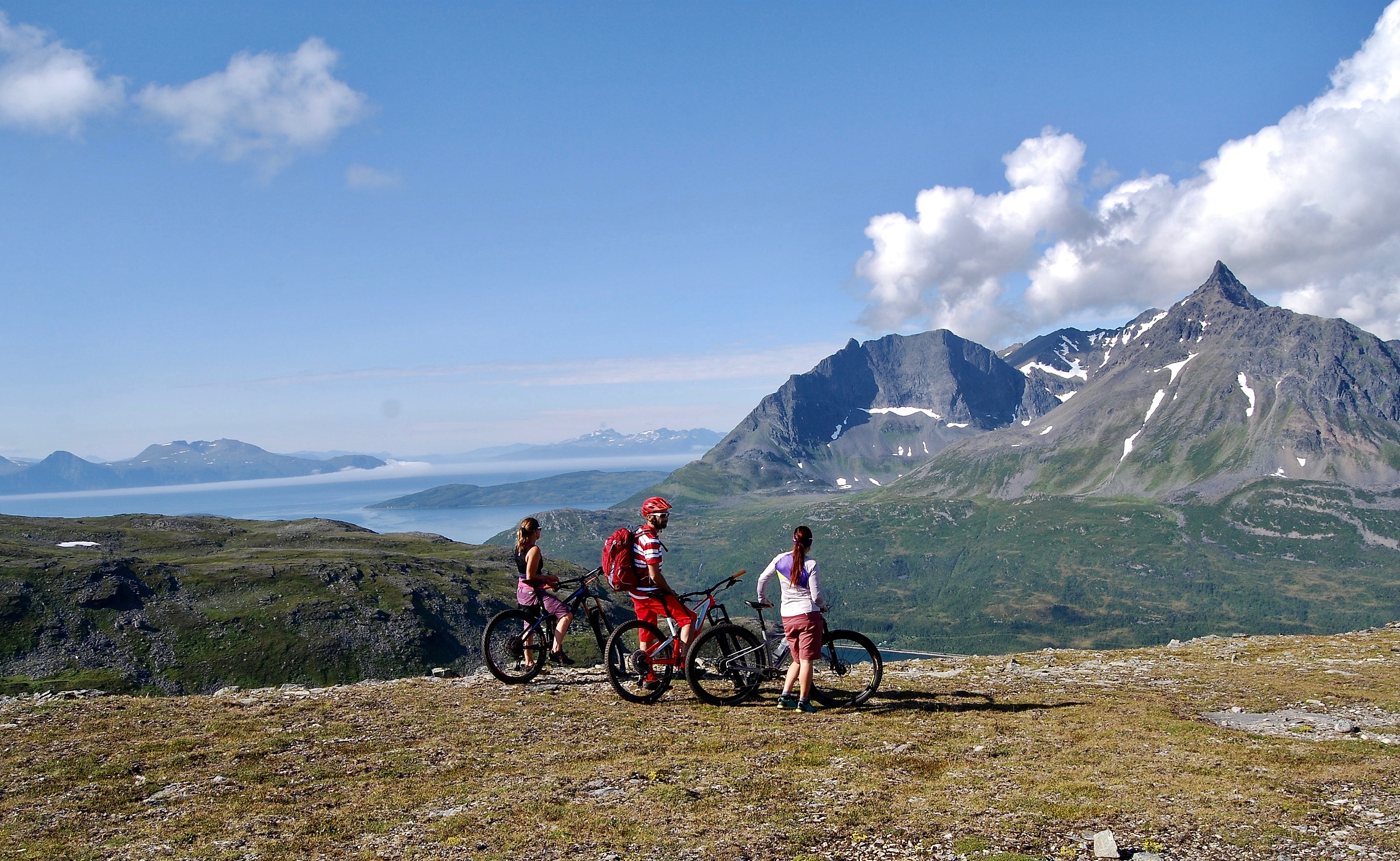 Three people mountain biking in the Lyngenfjord region, Northern Norway