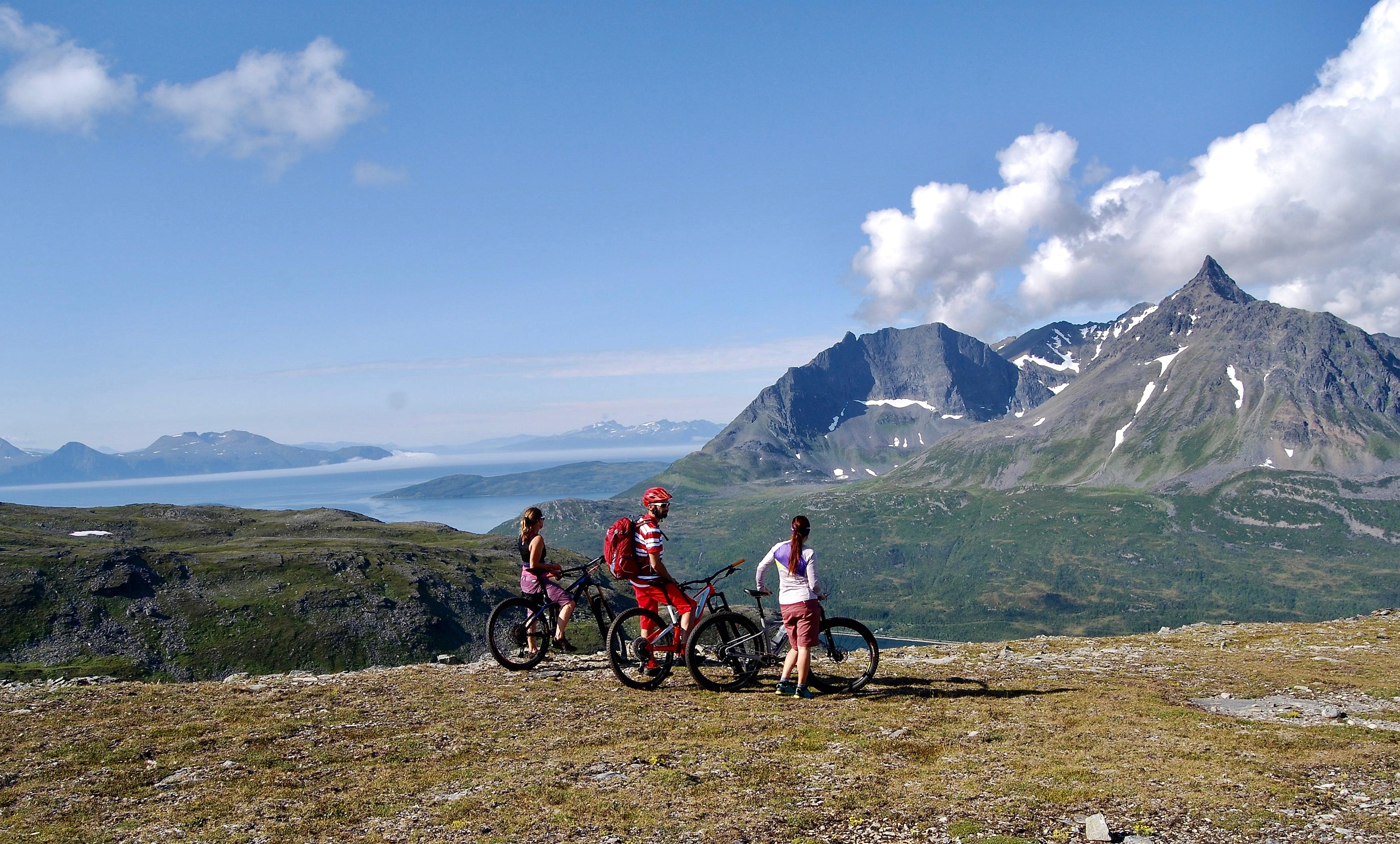 Tre personer med fjellsykler i Lyngenfjord, Nord-Norge