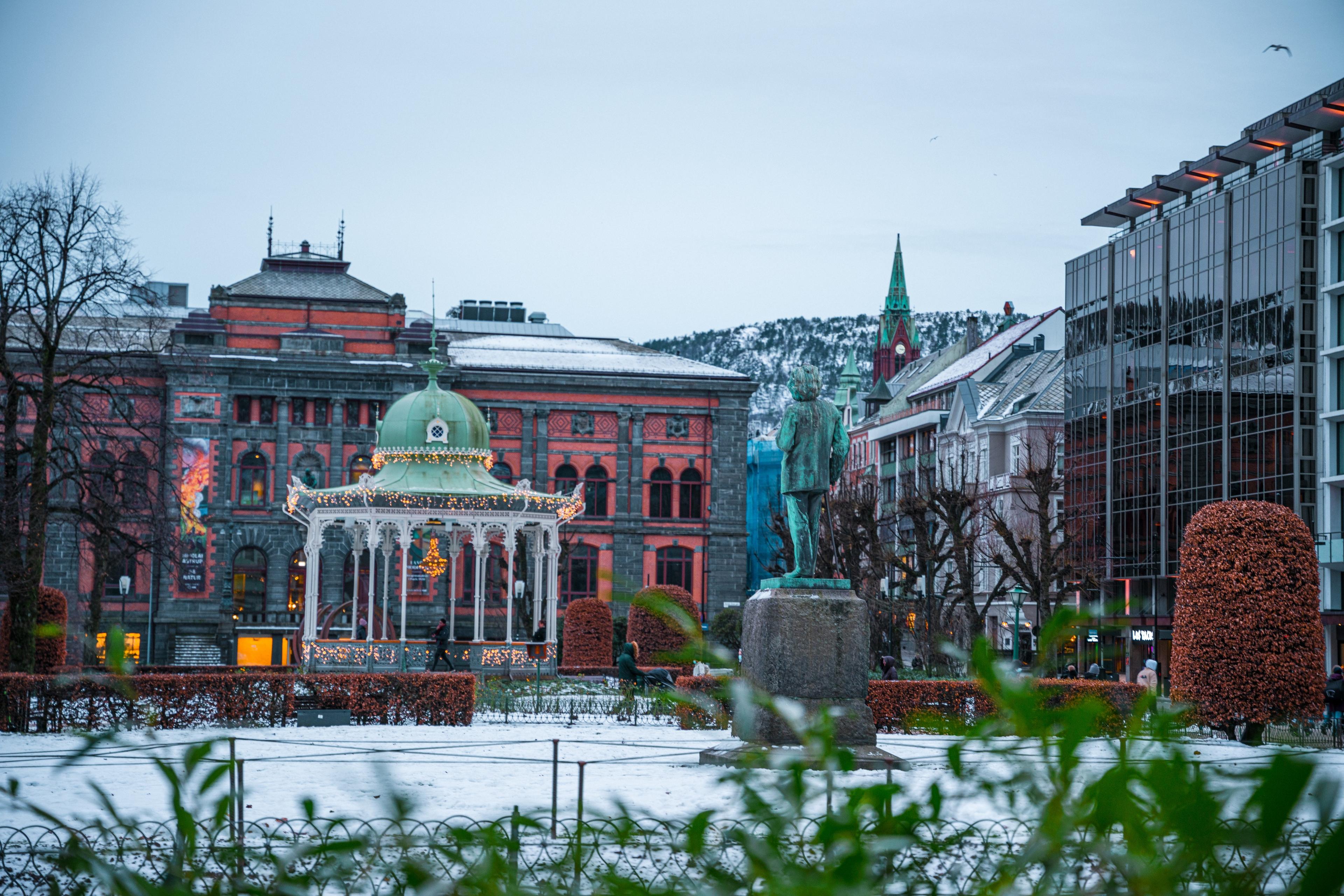 Festplassen in snow with the art museum KODE 1 in the background in Bergen, Fjord Norway