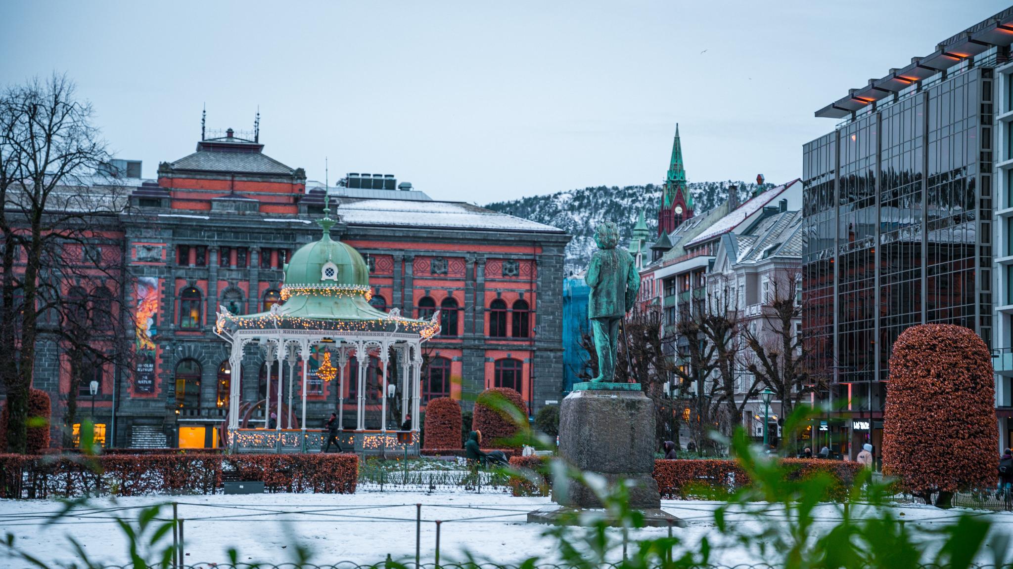 Festplassen in snow with the art museum KODE 1 in the background in Bergen, Fjord Norway