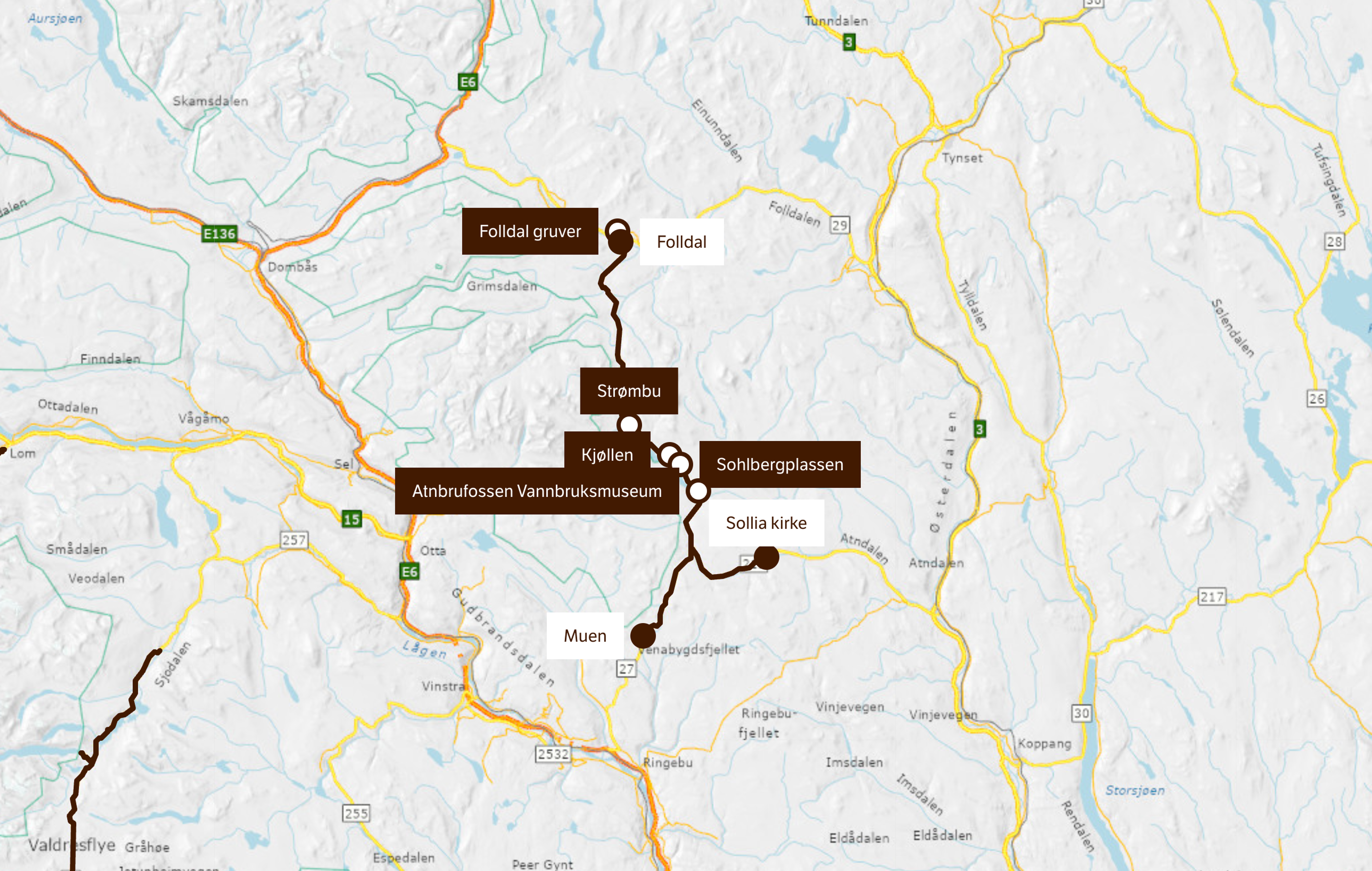 A map of the Rondane Scenic Route.