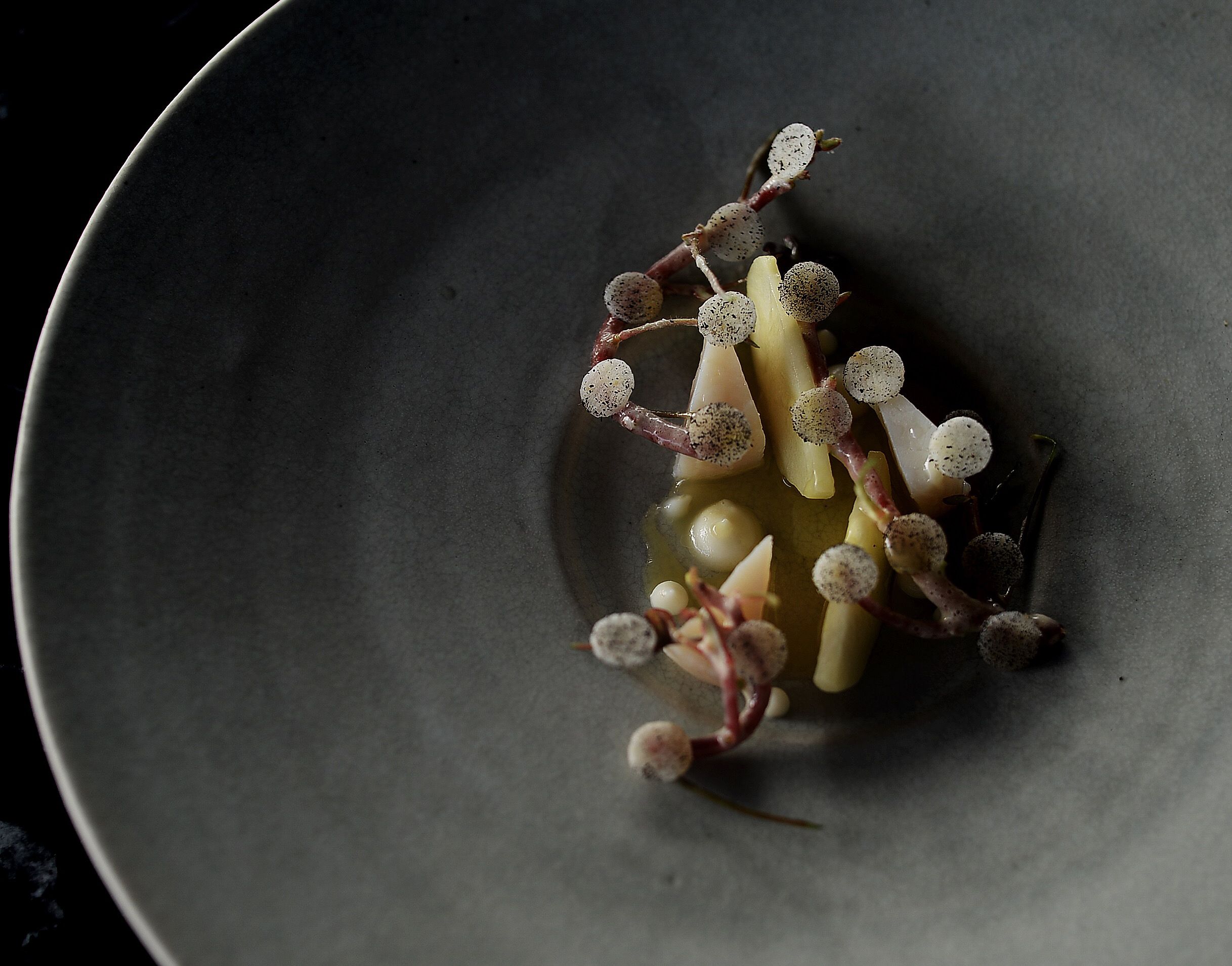 Plate of food at the Michelin starred restaurant Maaemo, in Oslo