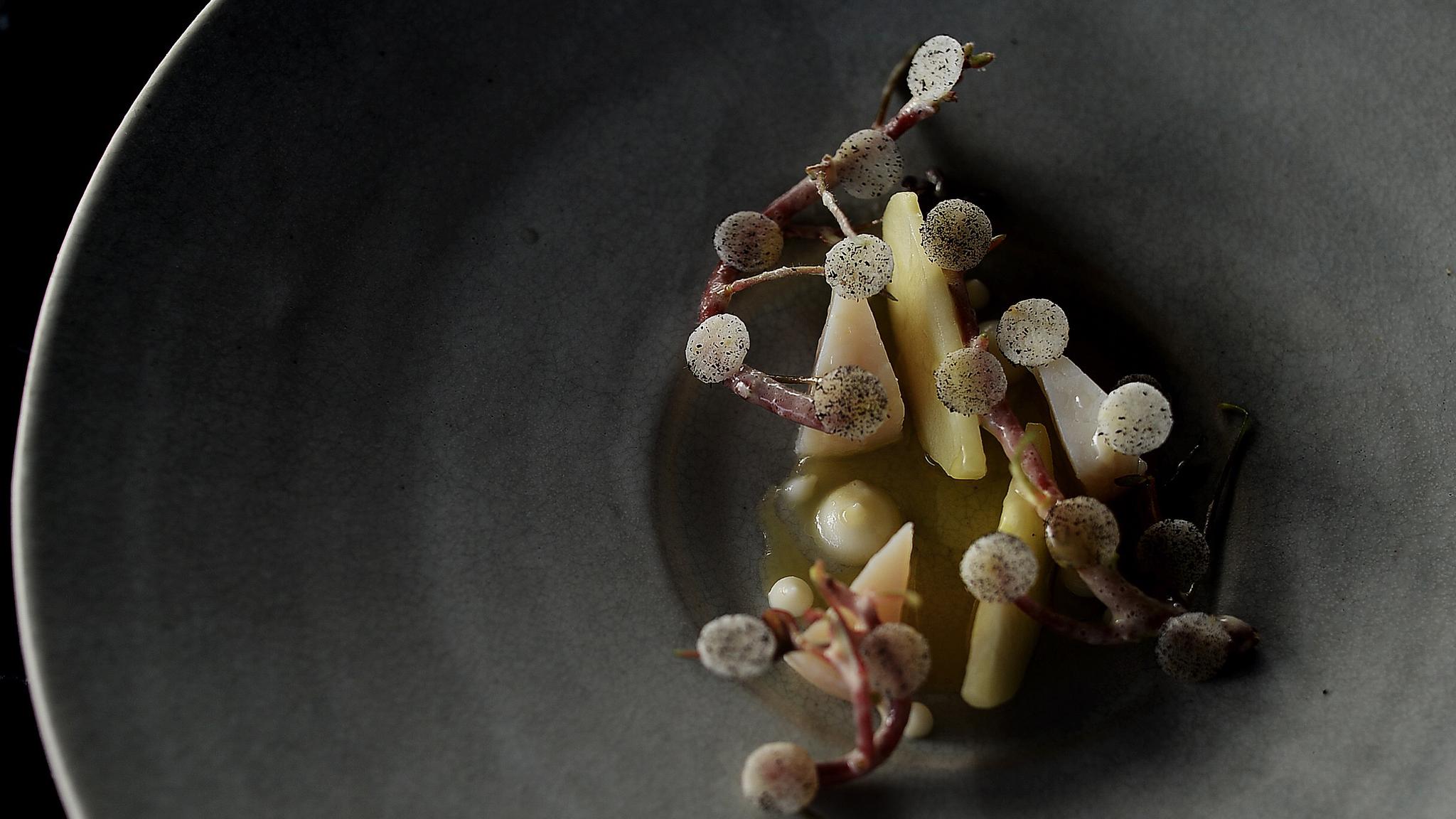 Plate of food at the Michelin starred restaurant Maaemo, in Oslo