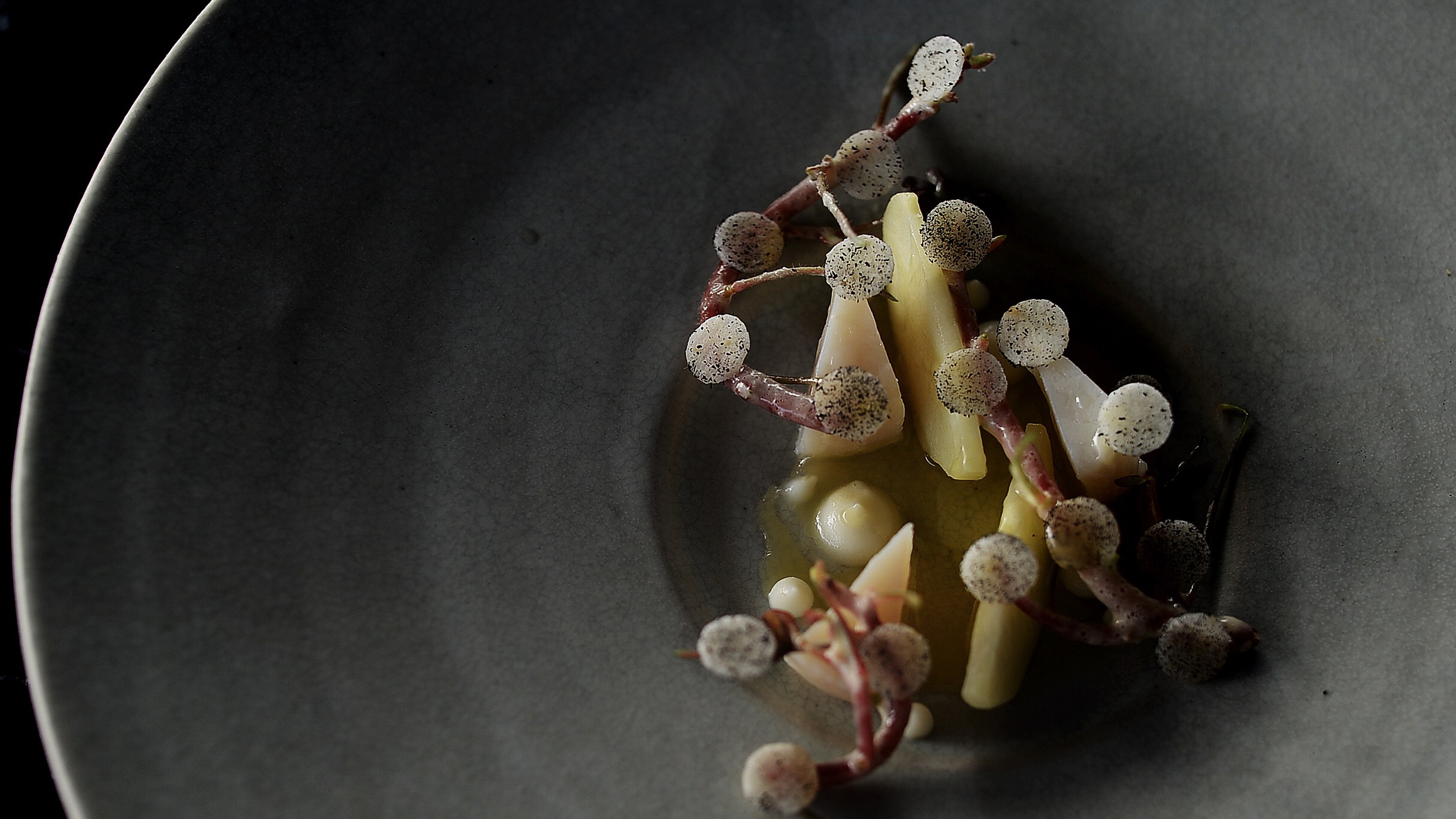 Plate of food at the Michelin starred restaurant Maaemo, in Oslo