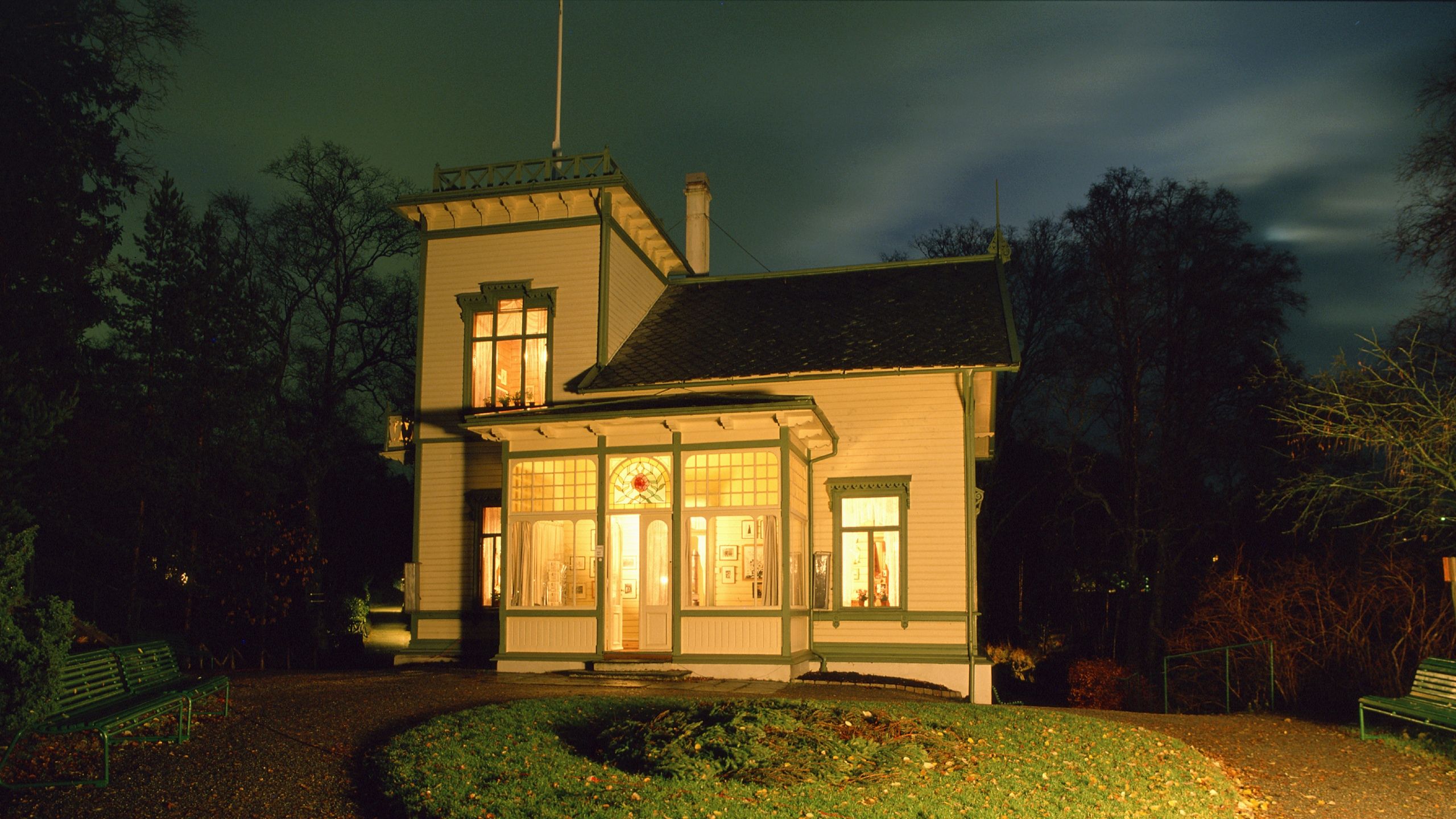 Edvard Grieg's home, Troldhaugen, at night in Bergen, Fjord Norway