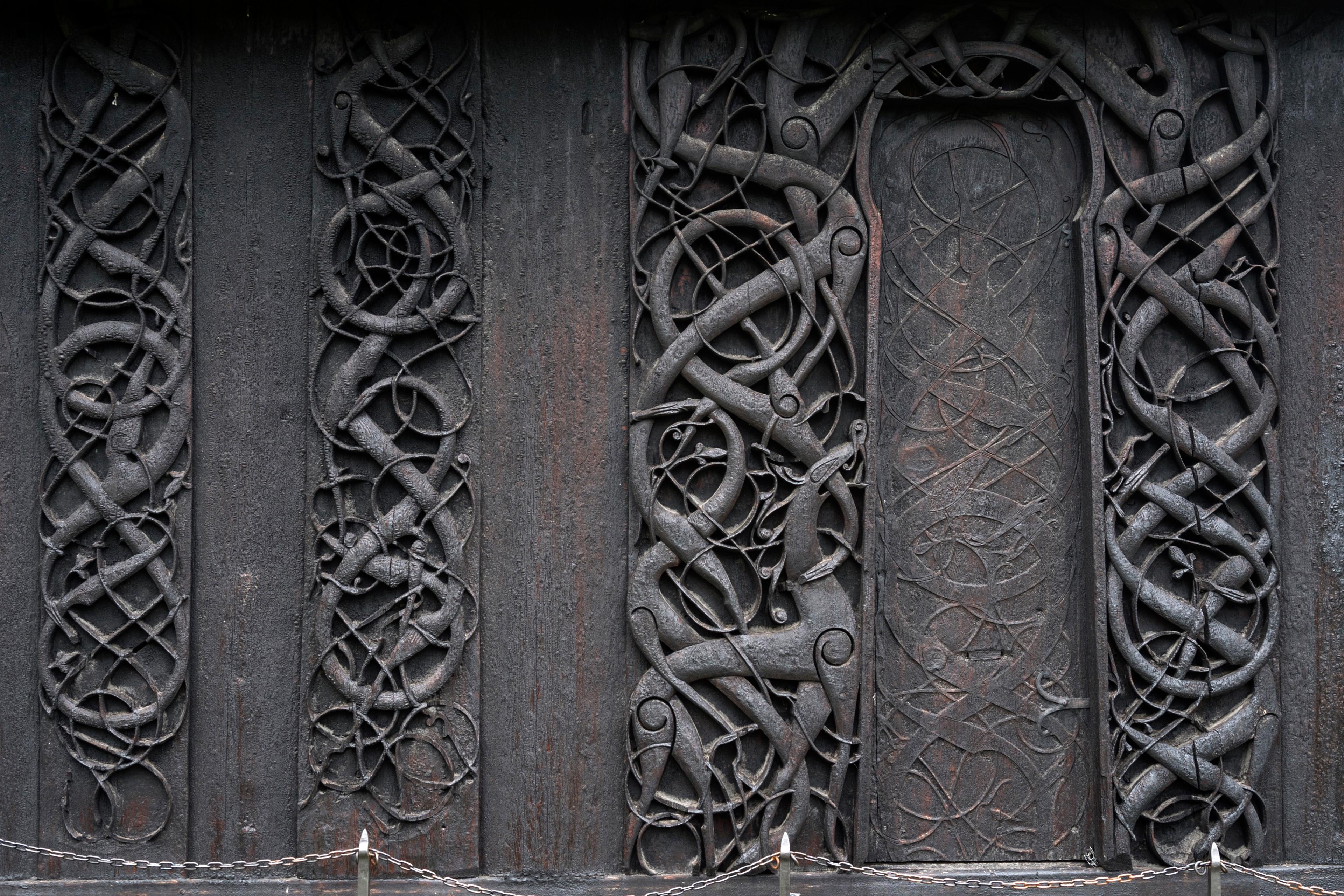 Close up details of carvings in Urnes stave church