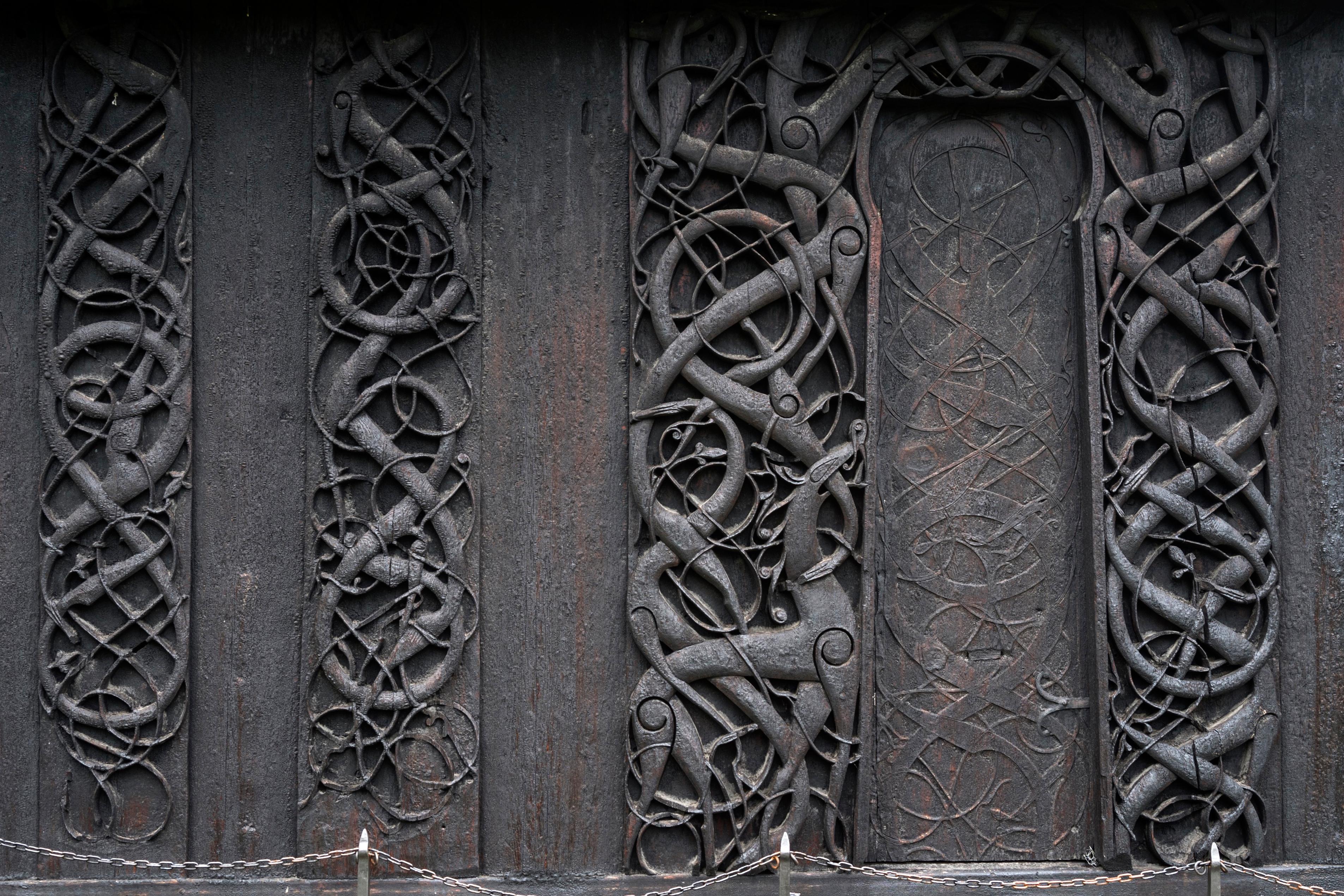 Close up details of carvings in Urnes stave church