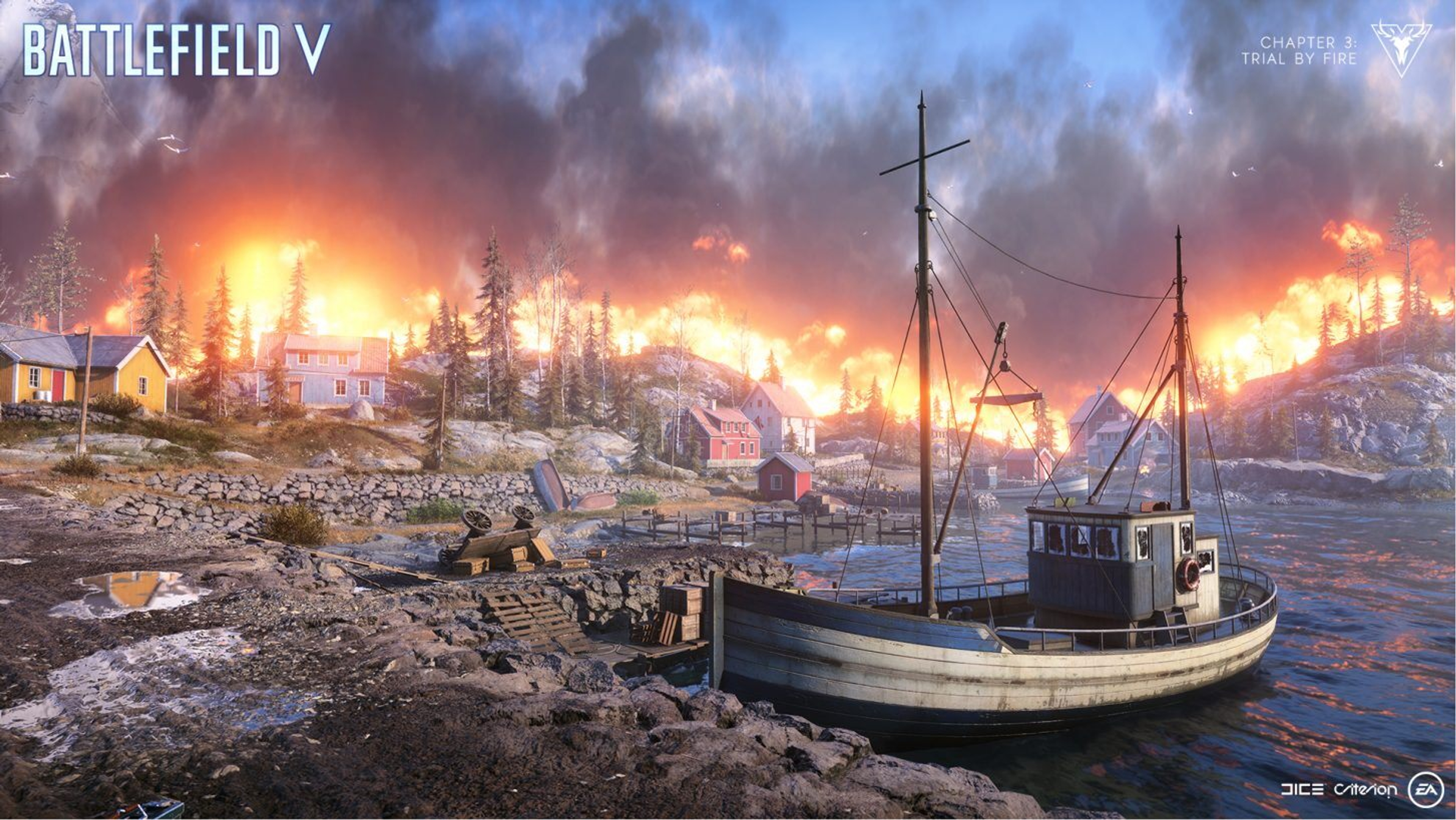 A scene from the game Battlefield V, where a small town in Norway is set ablaze
