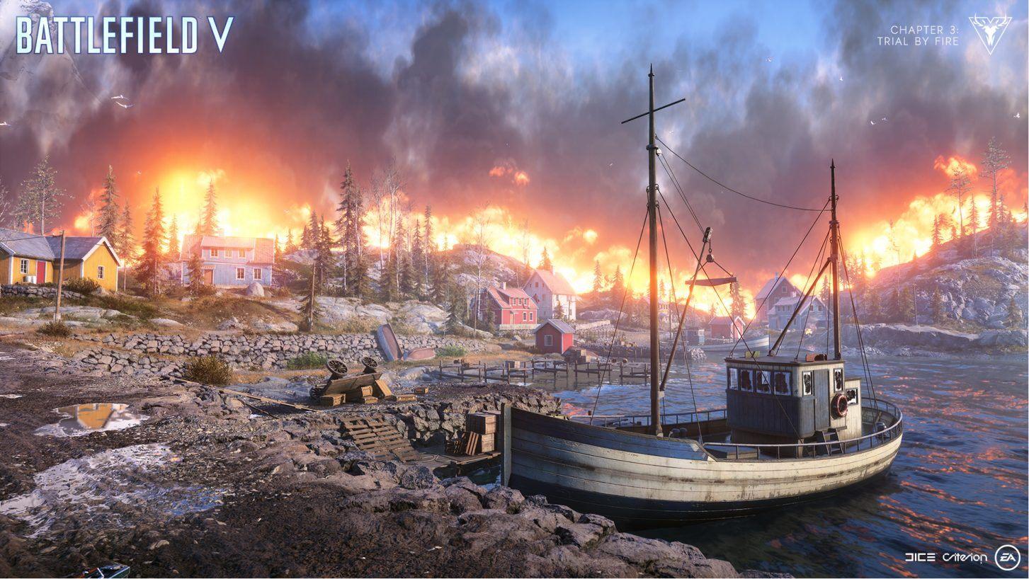 A scene from the game Battlefield V, where a small town in Norway is set ablaze