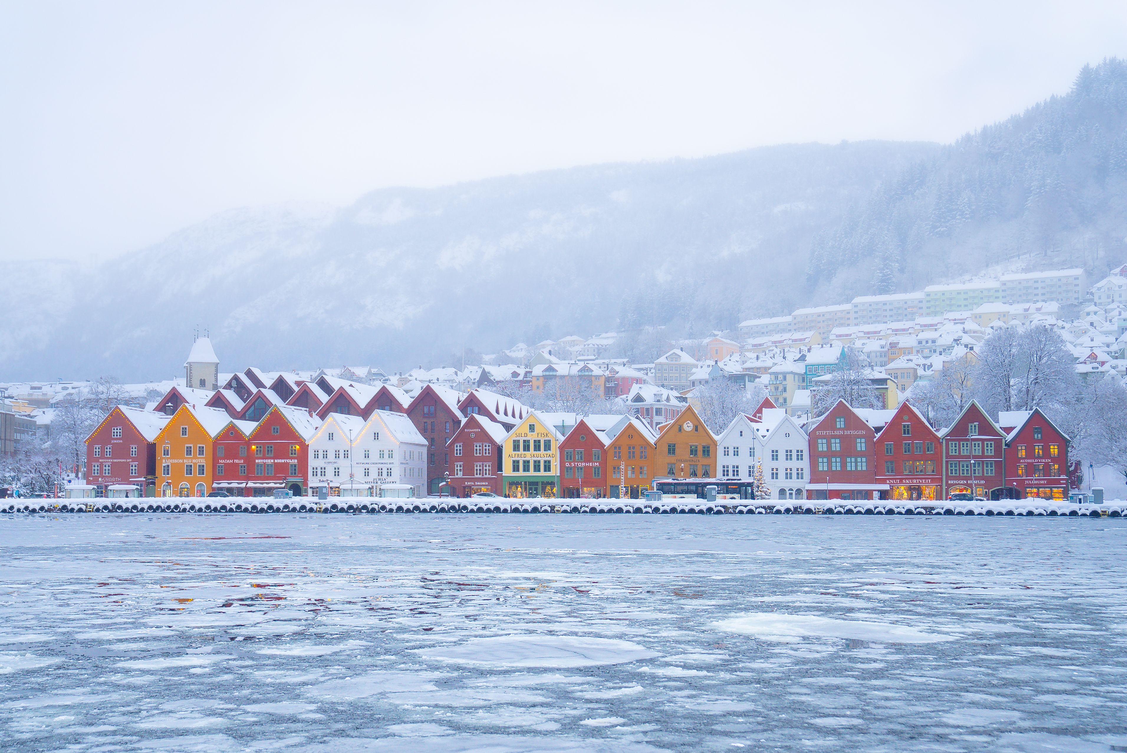 Winter at Bryggen in Bergen, Fjord Norway